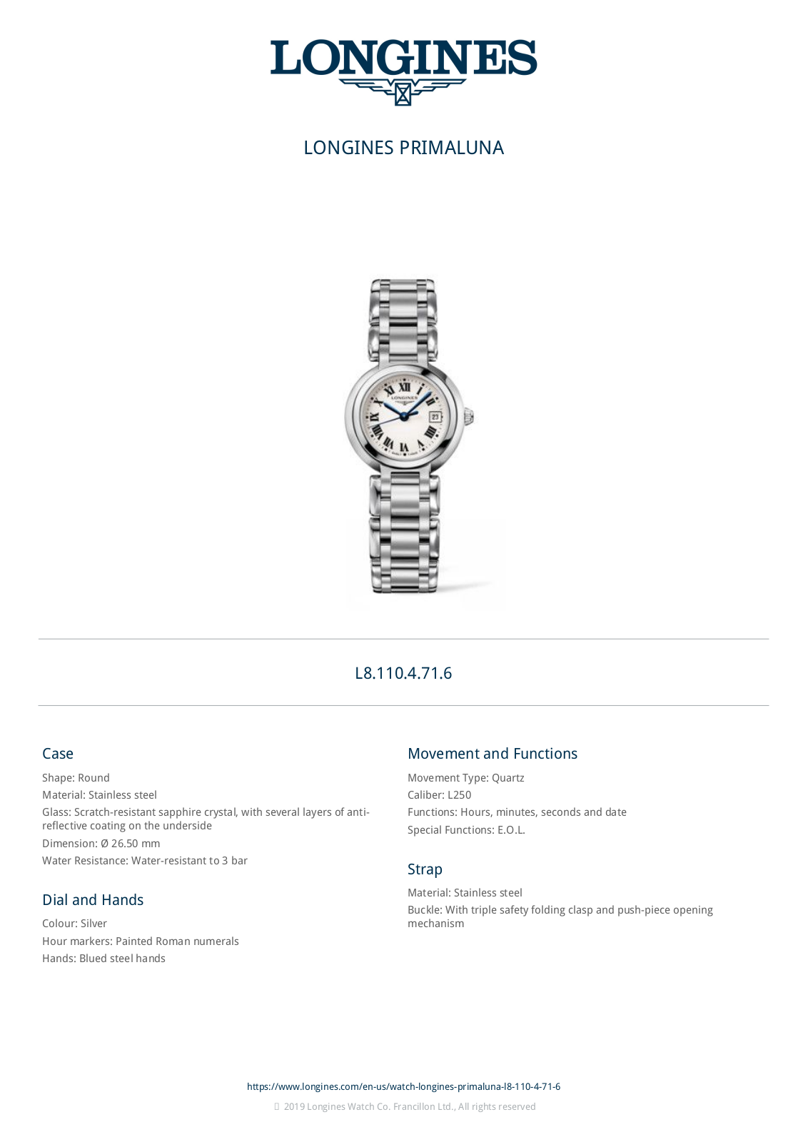 Longines L81104716 Specification Sheet - ManualMachine.com