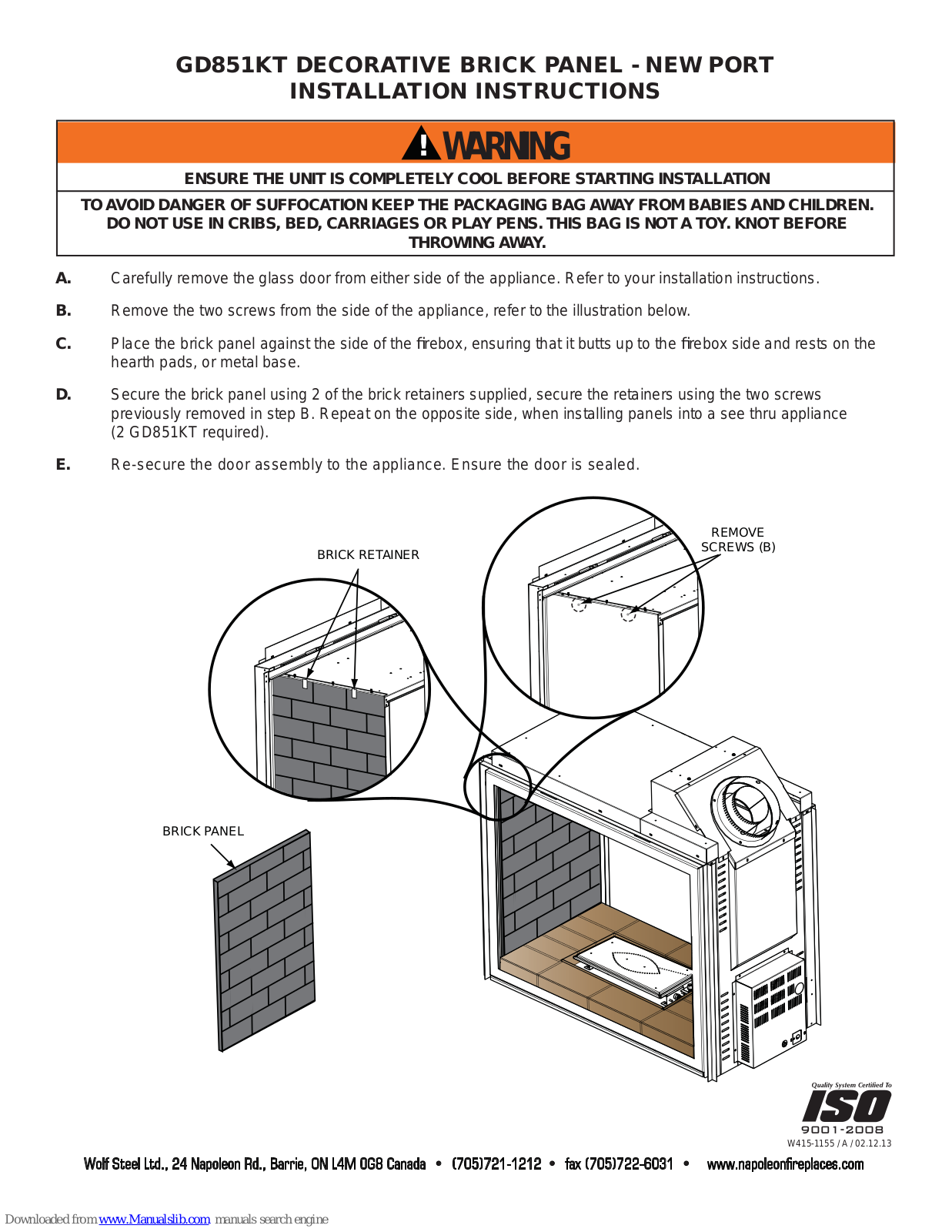 Napoleon GD851KT Installation Instructions Manual