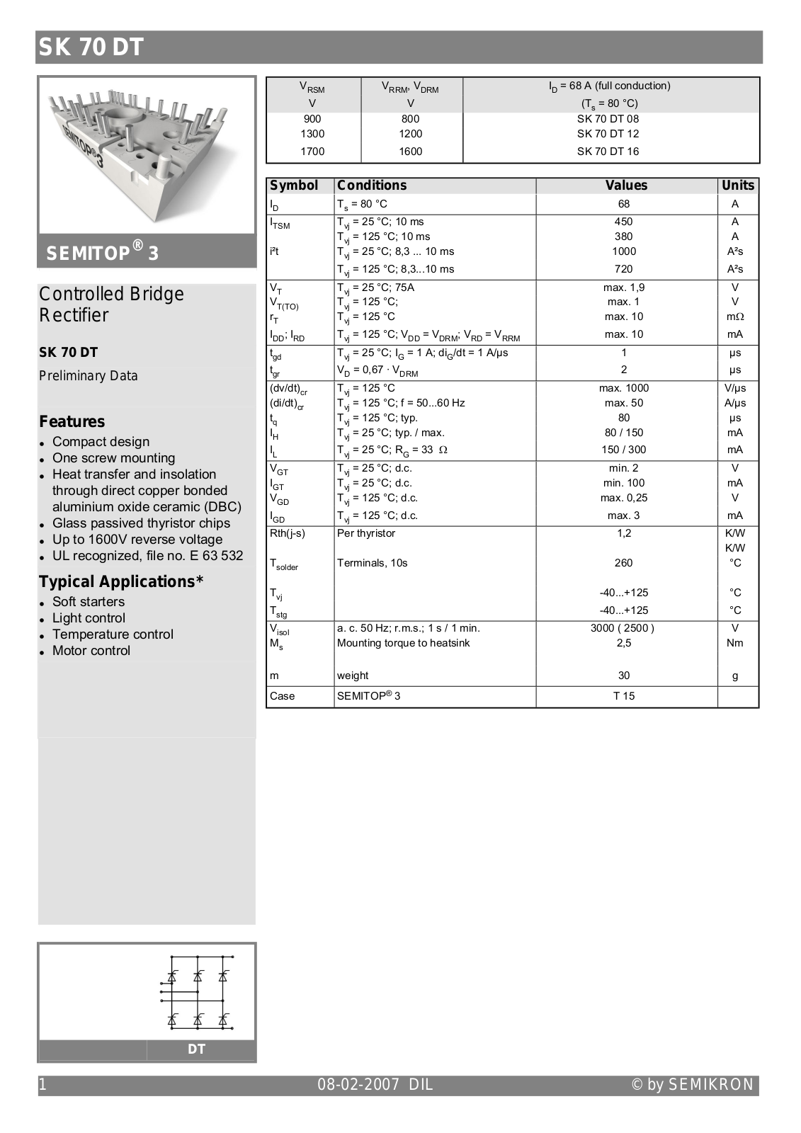 Semikron SK70DT16 Data Sheet