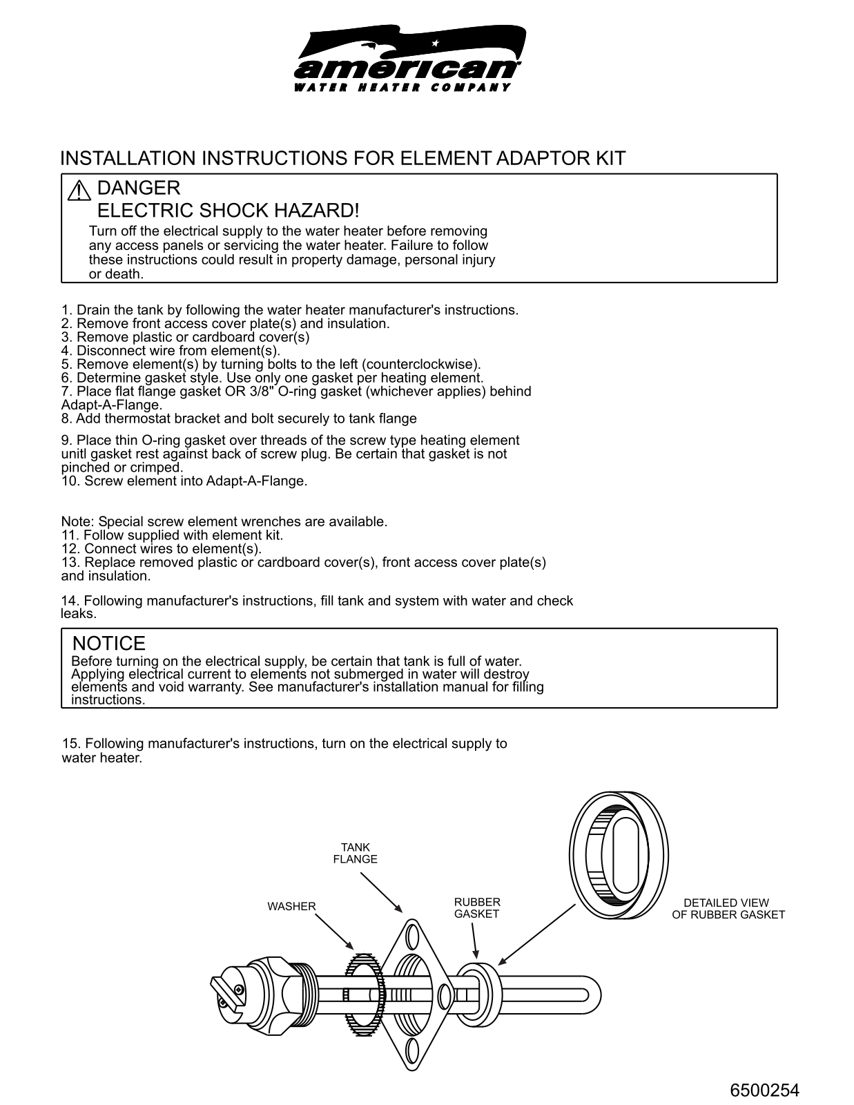 American Water Heater Element Adaptor  6500254 User Manual