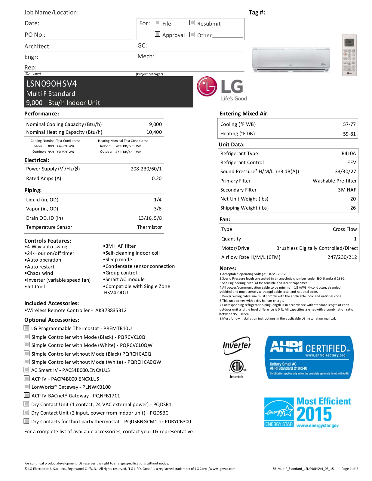 LG LSN090HSV4 Specifications