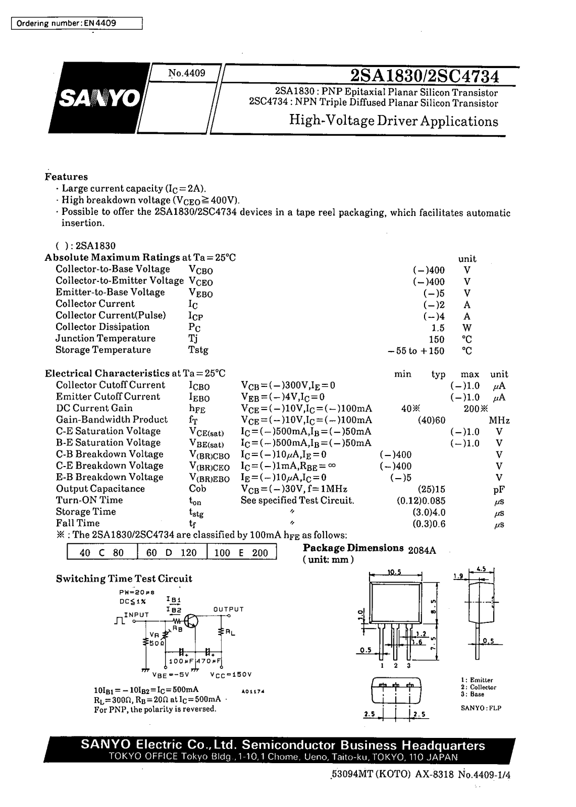 SANYO 2SC4734, 2SA1830 Datasheet