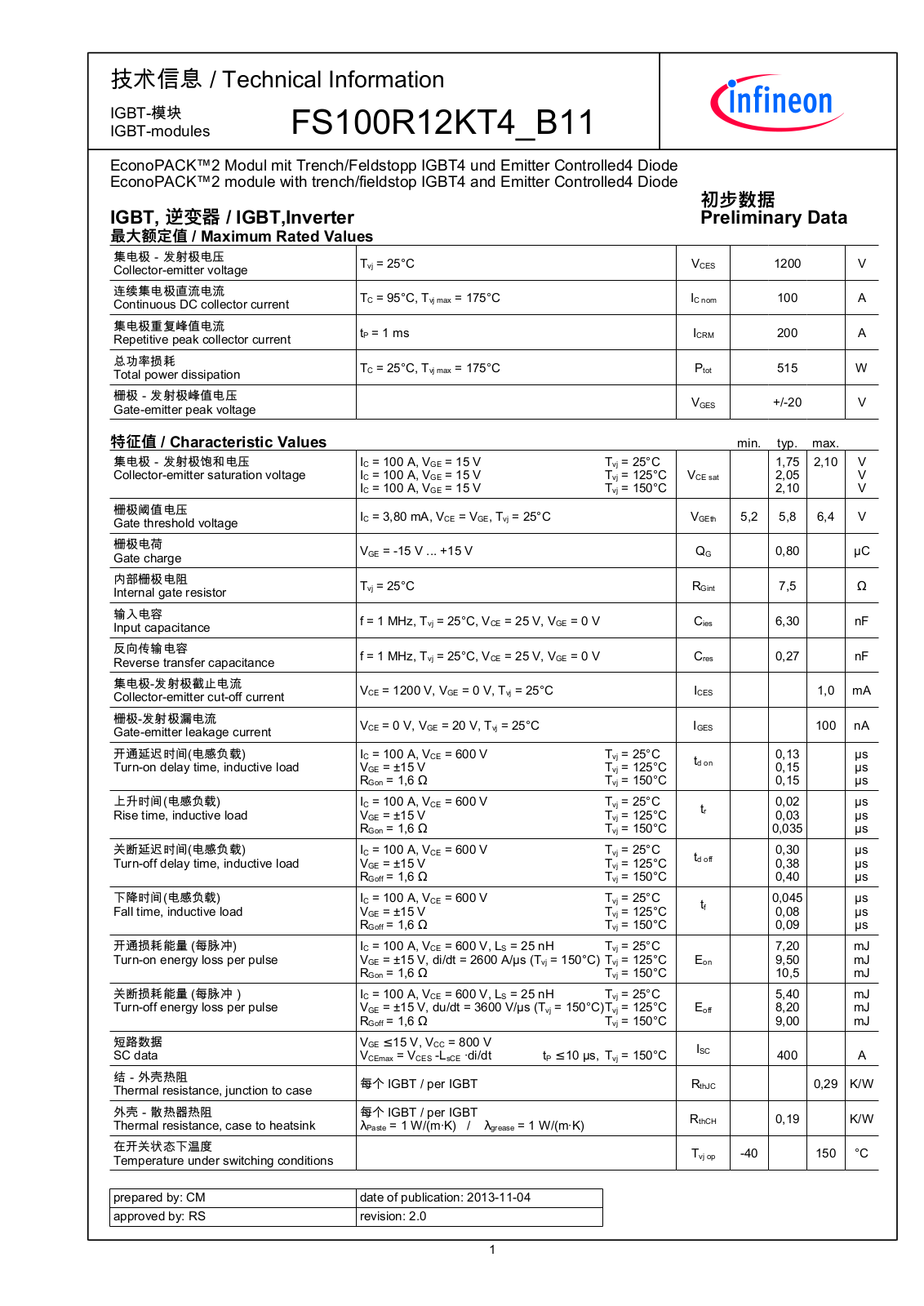 Infineon FS100R12KT4-B11 Data Sheet