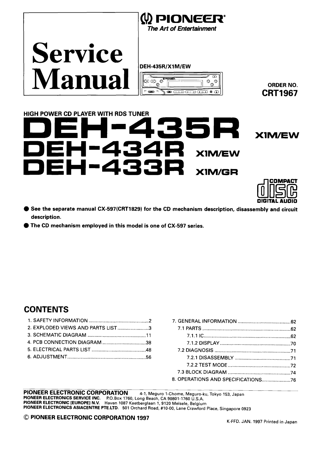 PIONEER DEH-435R X1M/EW, DEH-434R X1M/EW, DEH-433R X1M/EW Service Manual