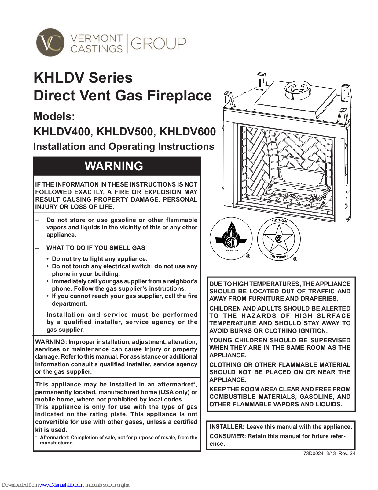 Vermont Castings KHLDV400, KHLDV500, KHLDV600 Installation And Operating Instructions Manual