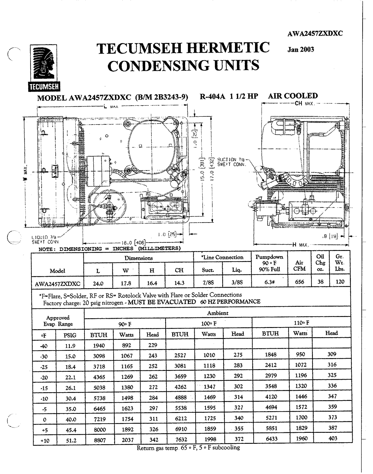 Tecumseh AWA2457ZXDXC Performance Data Sheet