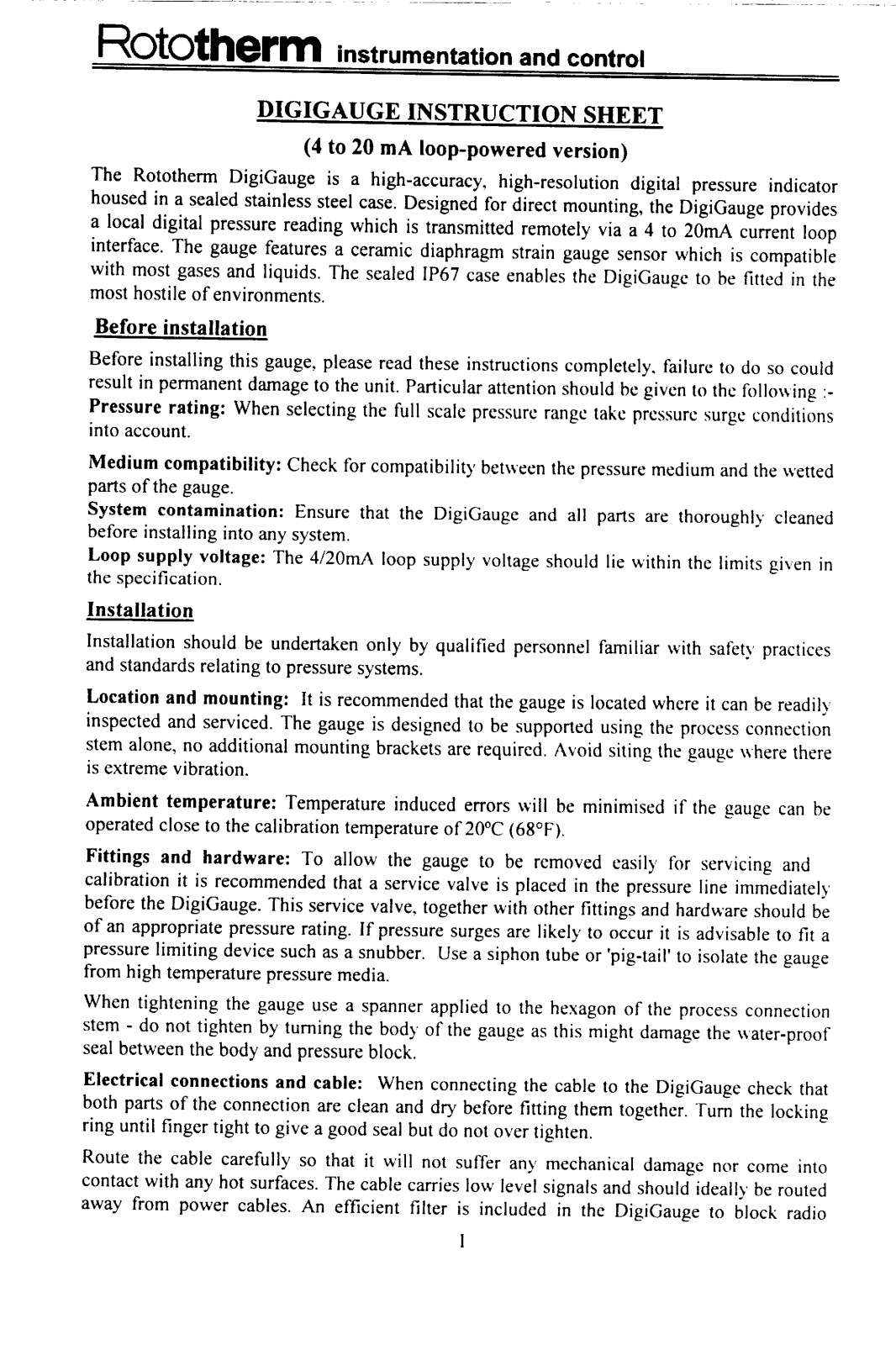 Rototherm DIGIGAUGE TRANSMITTING VERSION User Manual