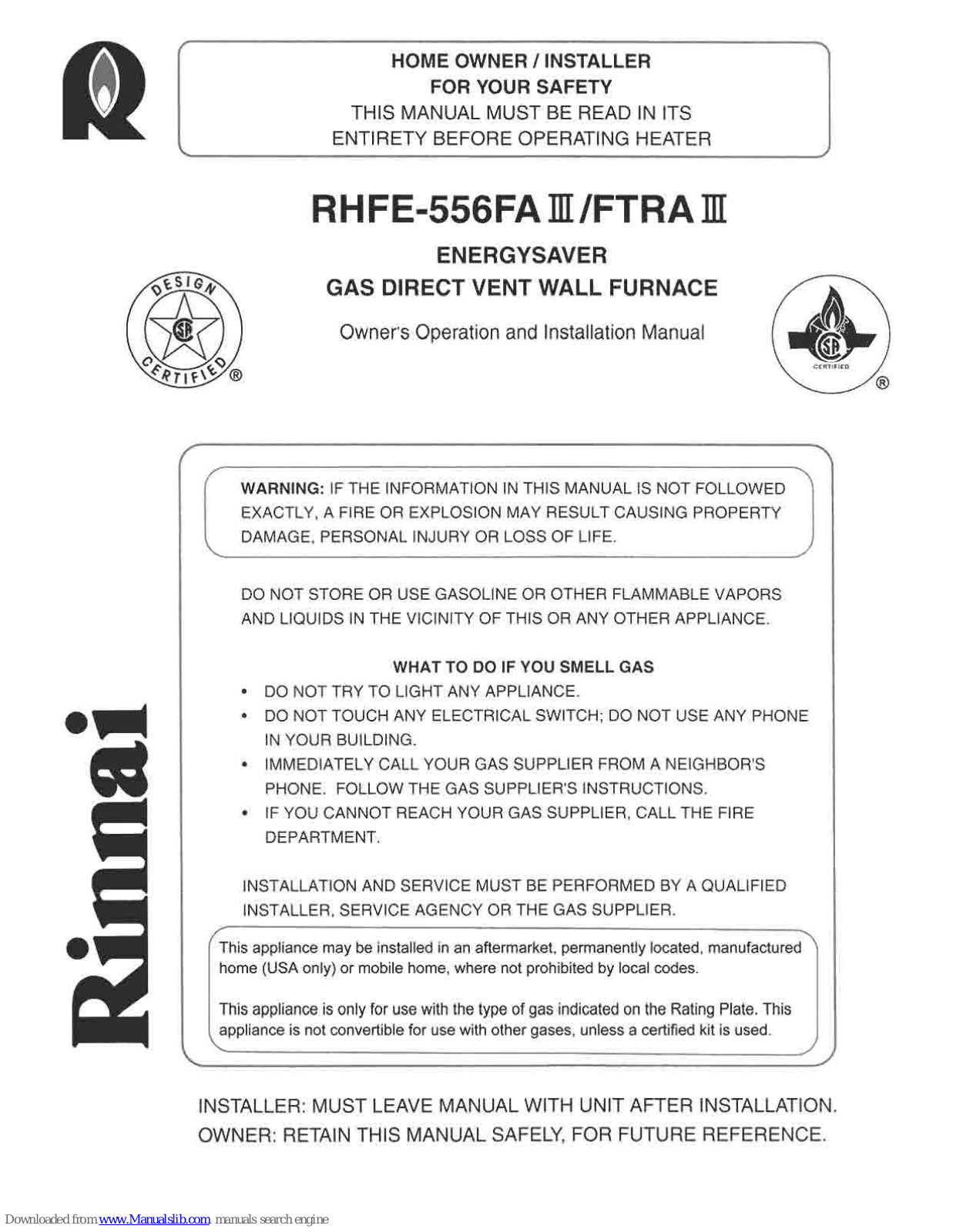 Rinnai RHFE-556FAIII, RHFE-556FTRAIII Owner's Operation And Installation Manual