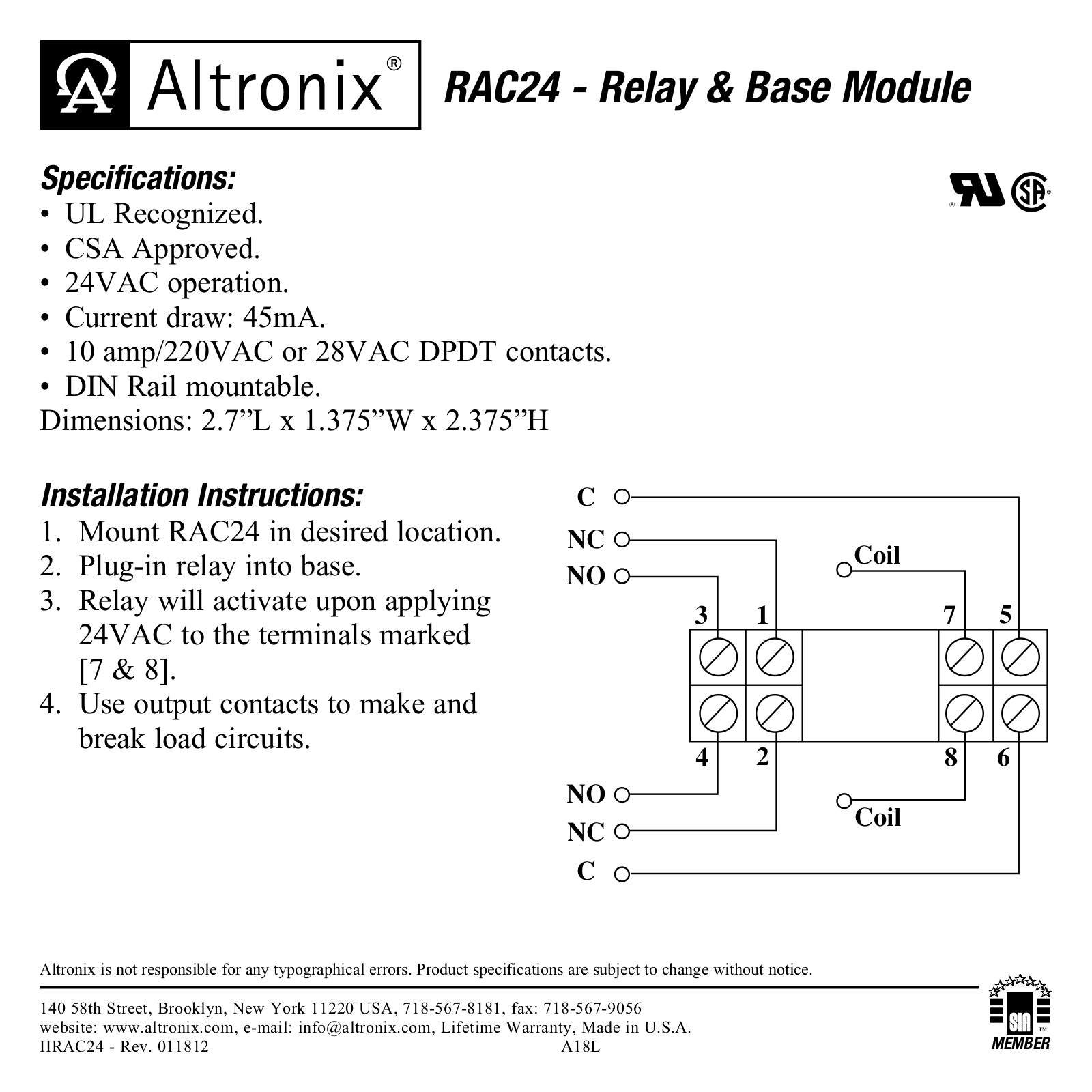 Altronix RAC24 Installation Instructions