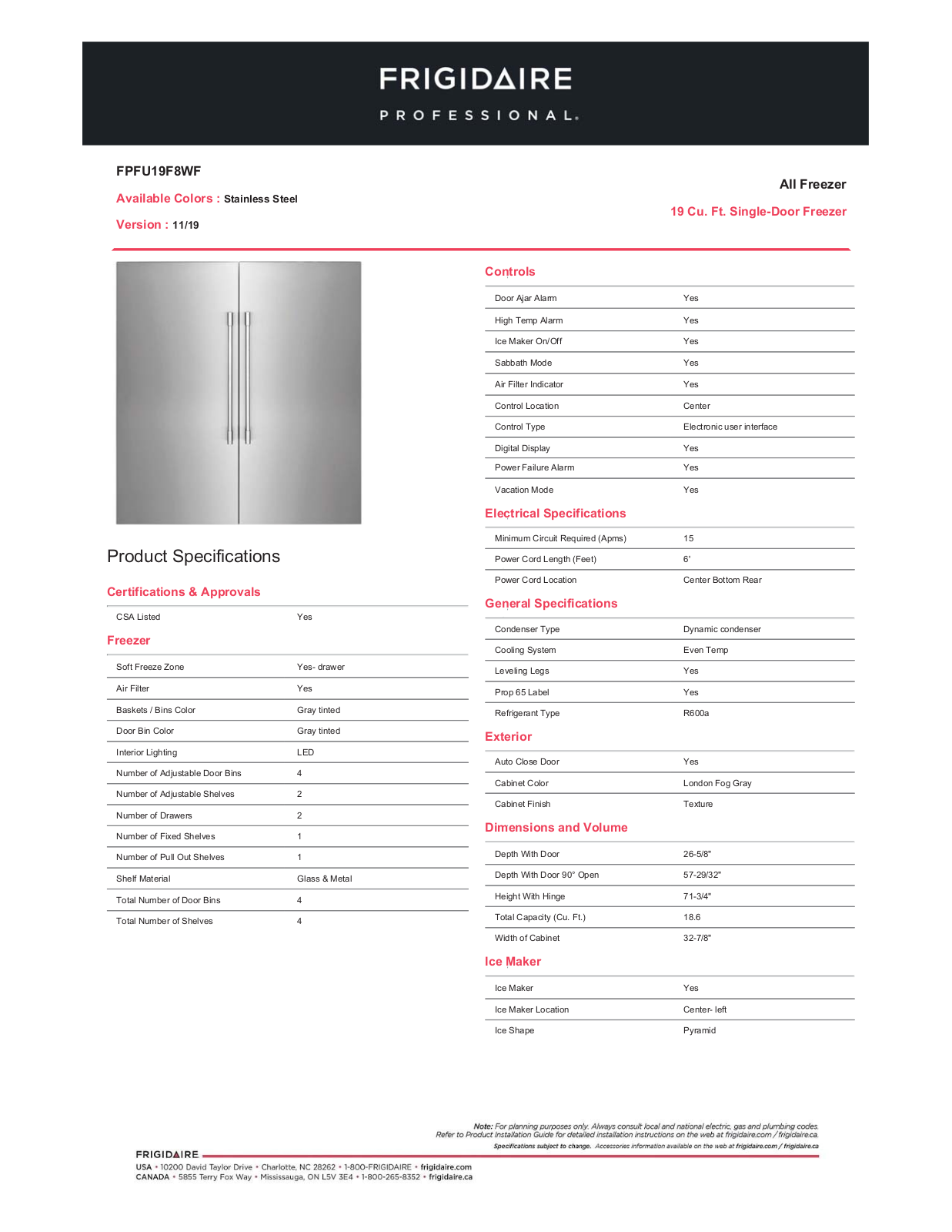 Frigidaire FPFU19F8WF Specs