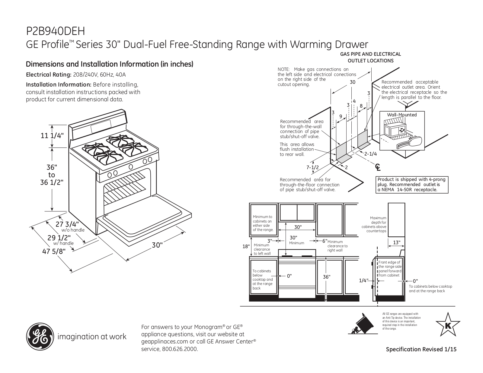 GE P2B940DEHWW, P2B940DEHBB Specification Sheet