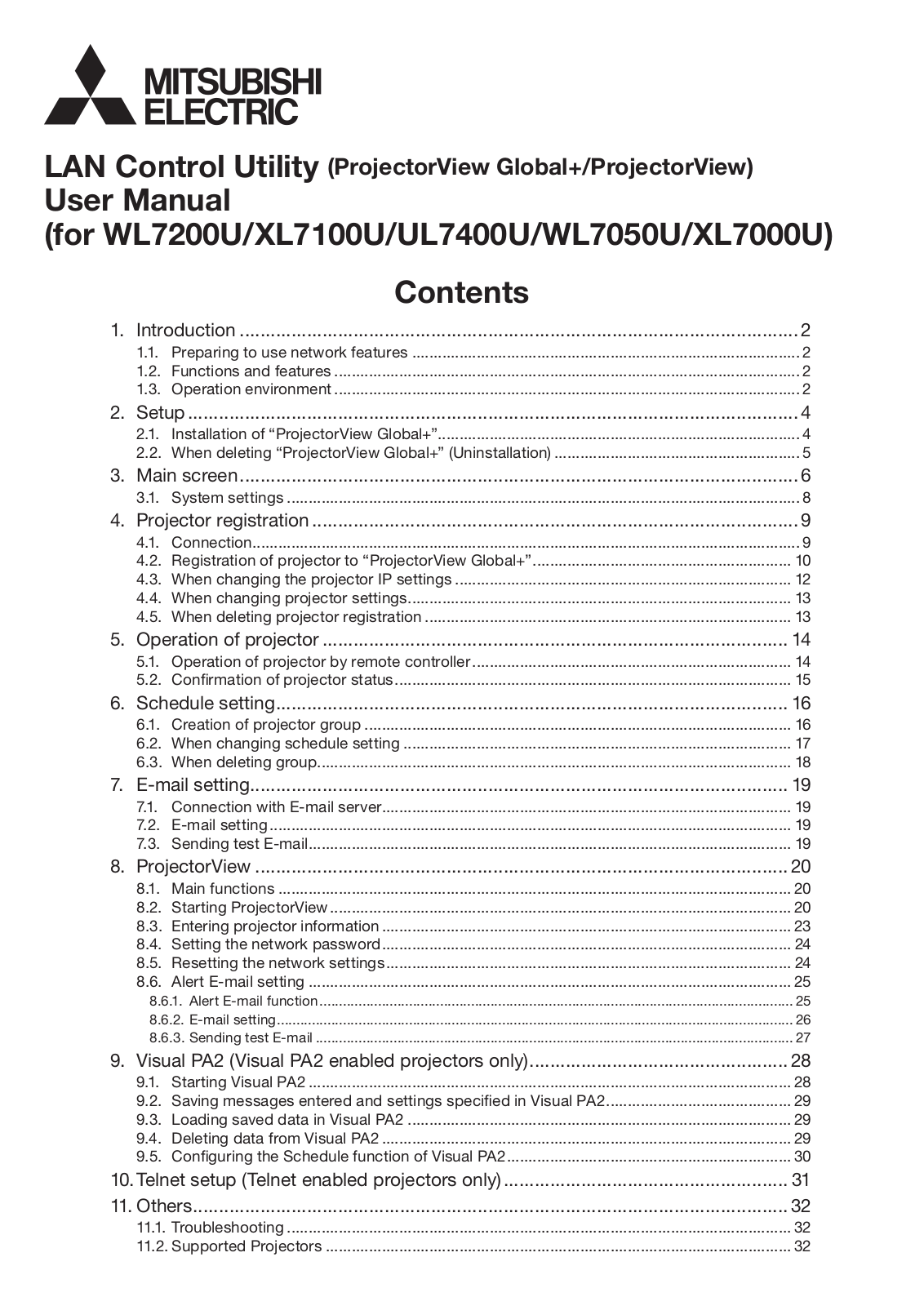 Mitsubishi Electronics WL7200U, WL7050U, XL7100U, UL7400U, XL7000U User Manual