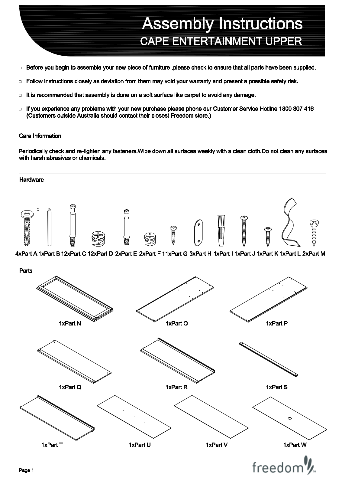 Freedom Cape Entertainment Upper Assembly Instruction