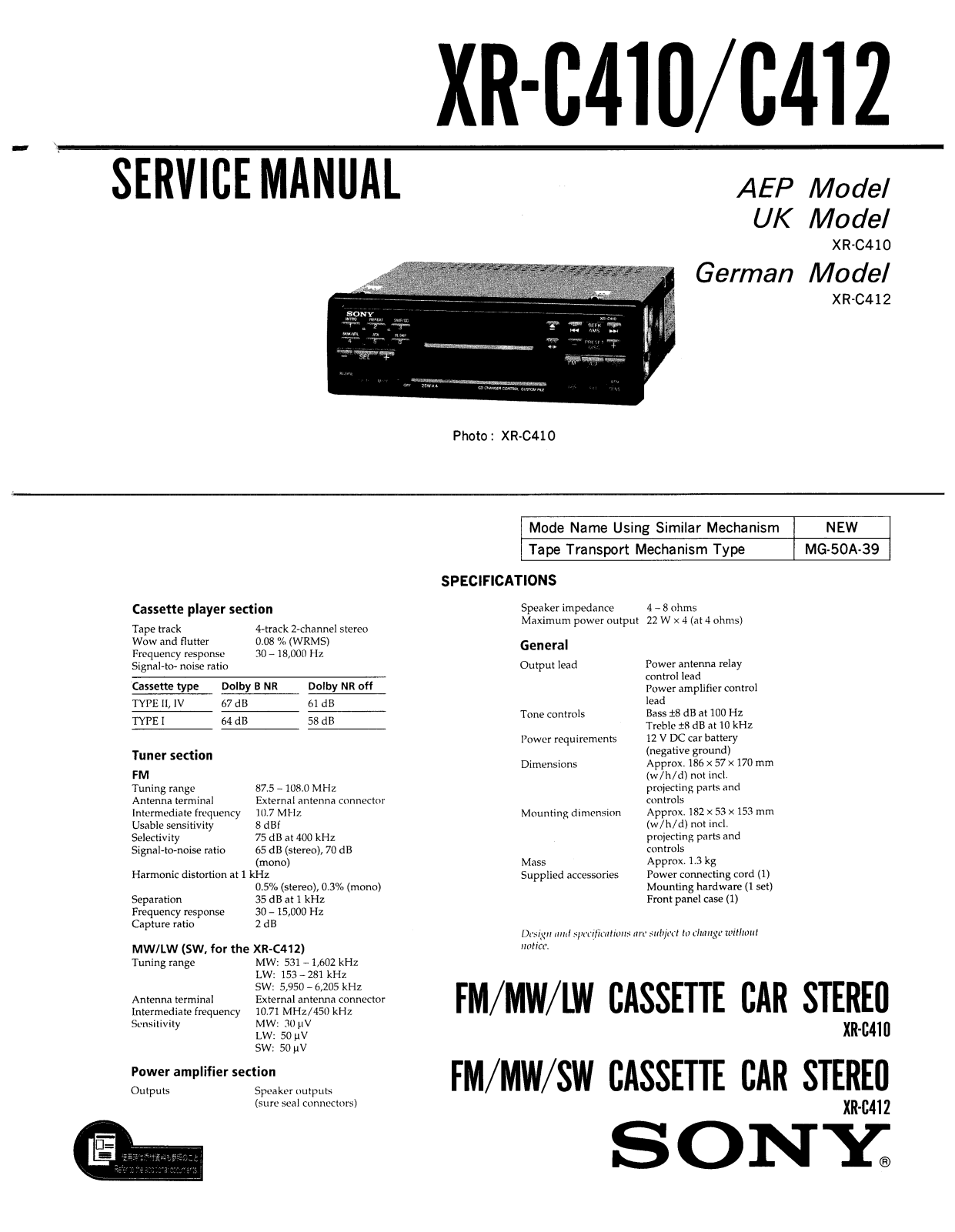 Sony XR-C410, XR-C412 Service Manual