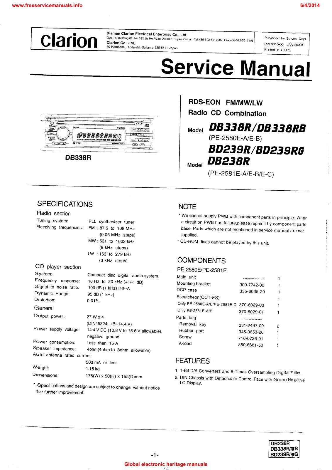 Clarion db338r, bd239r, bd239rg, db238r, db338rb Service Manual