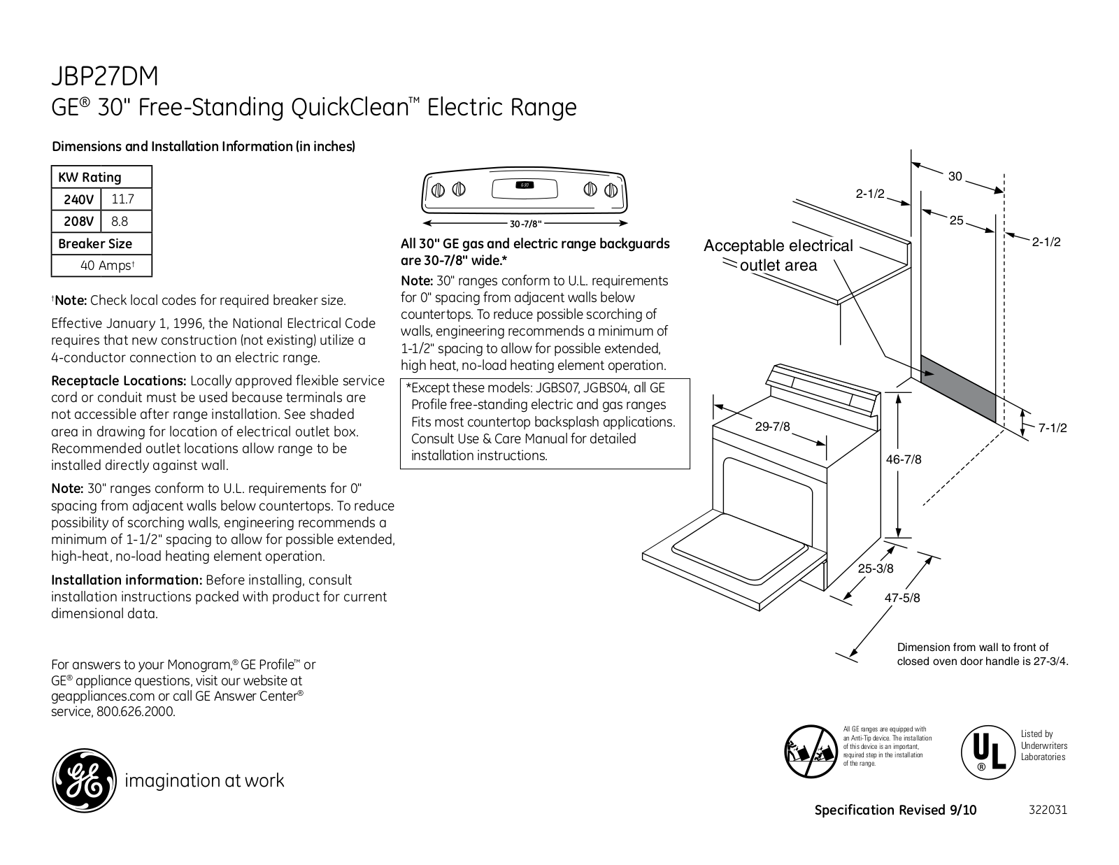 GE JBP27DM Specification