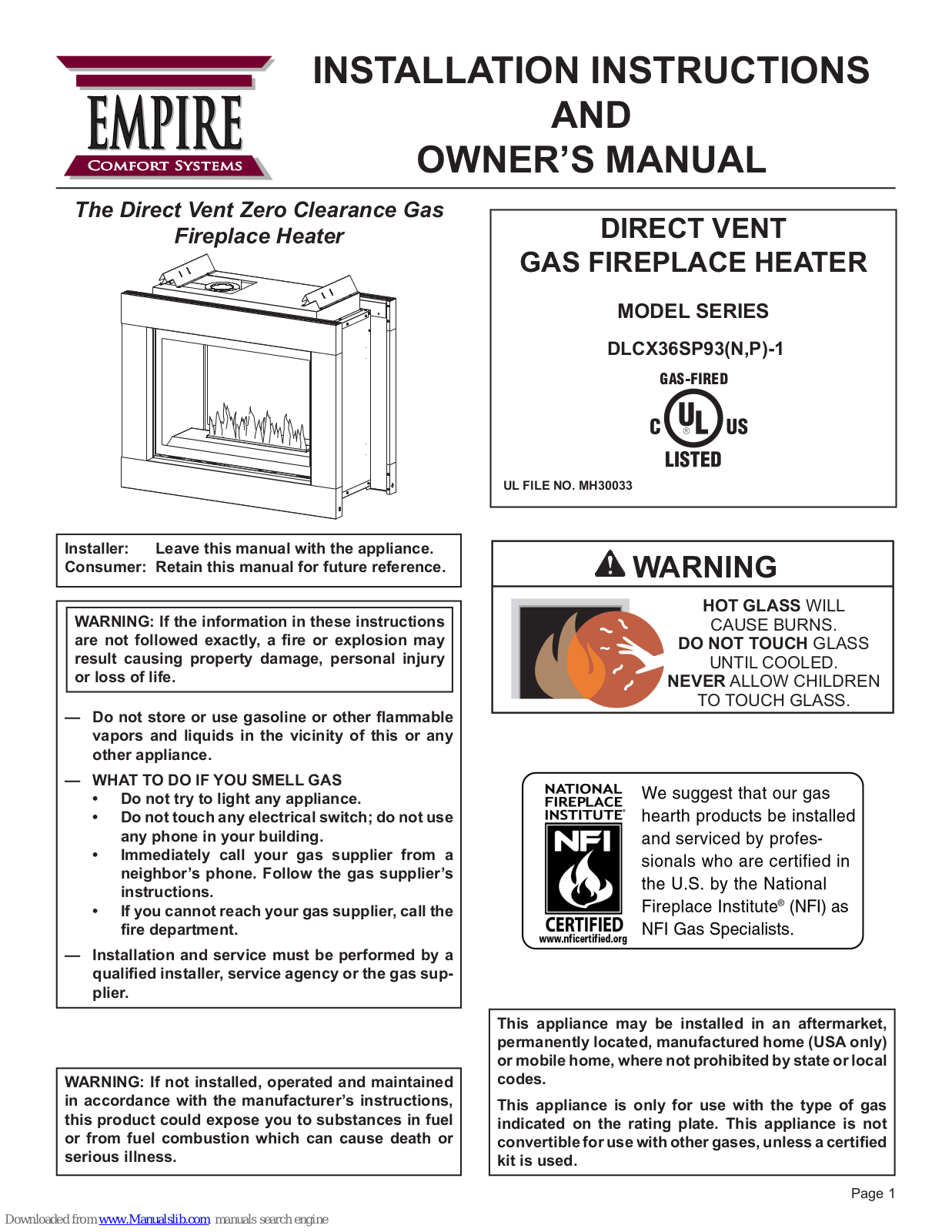 Empire Comfort Systems DLCX36SP93P-1 Installation Instructions And Owner's Manual