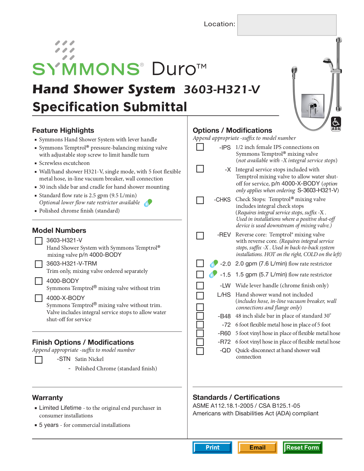 Symmons 3603-H321-V User Manual