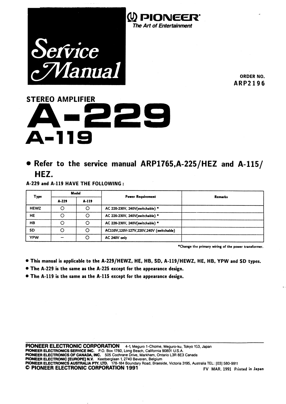 Pioneer A-229, A-119 Service manual