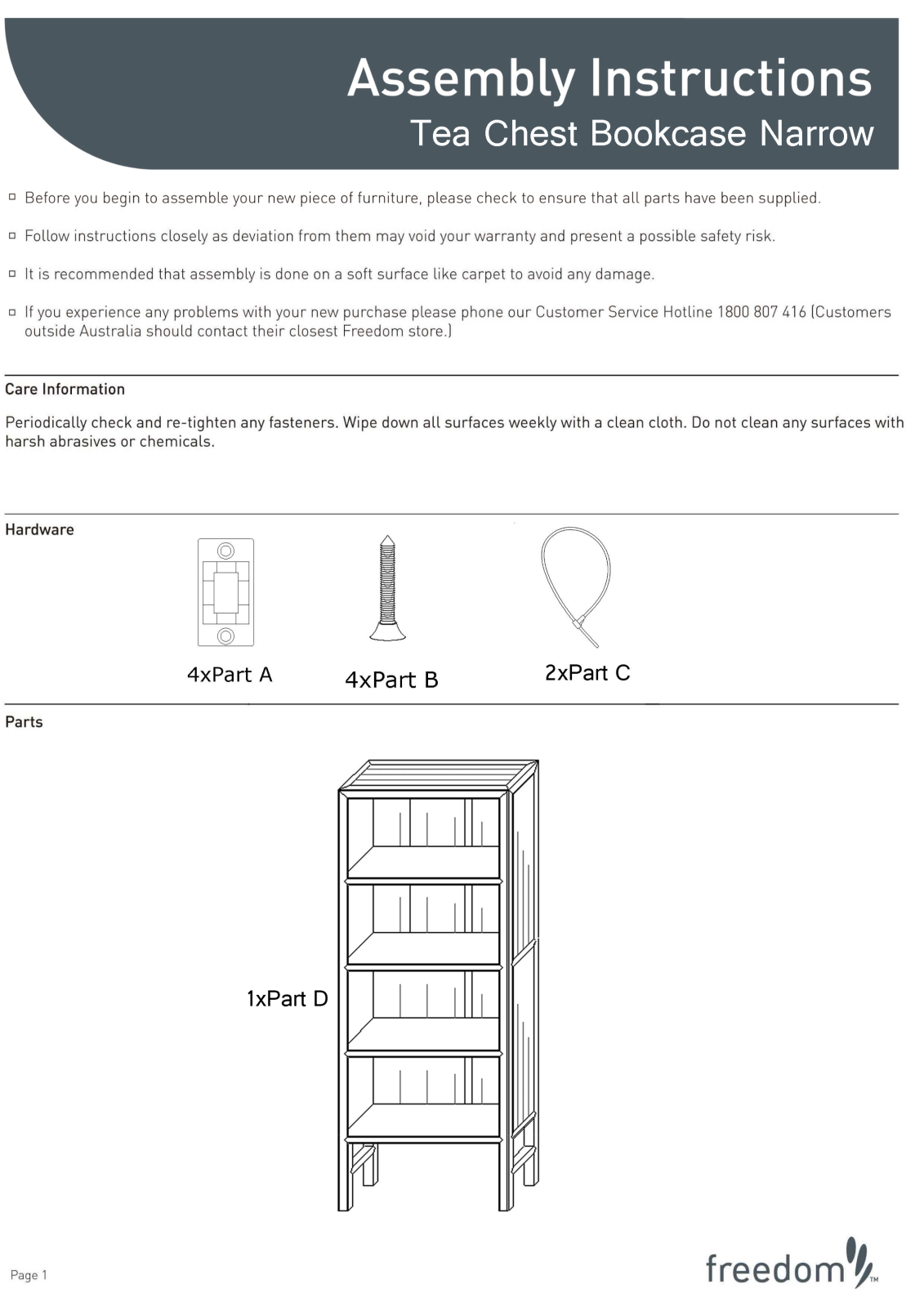 Freedom Tea Chest Bookcase Narrow Assembly Instruction