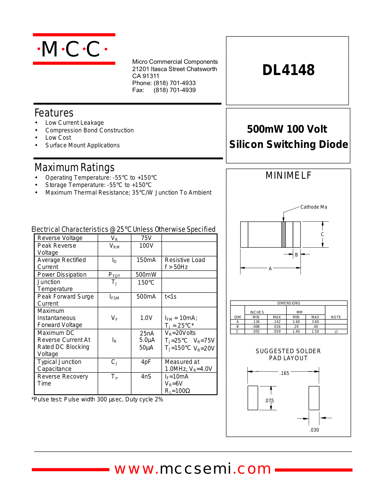 MCC DL4148 Datasheet