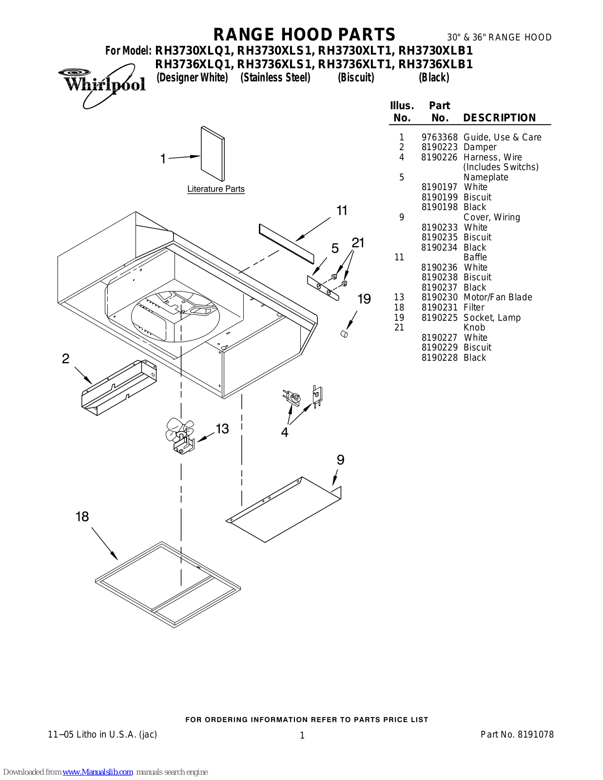 Whirlpool RH3730XLB1, RH3730XLQ1, RH3730XLS1, RH3730XLT1, RH3736XLQ1 Parts List