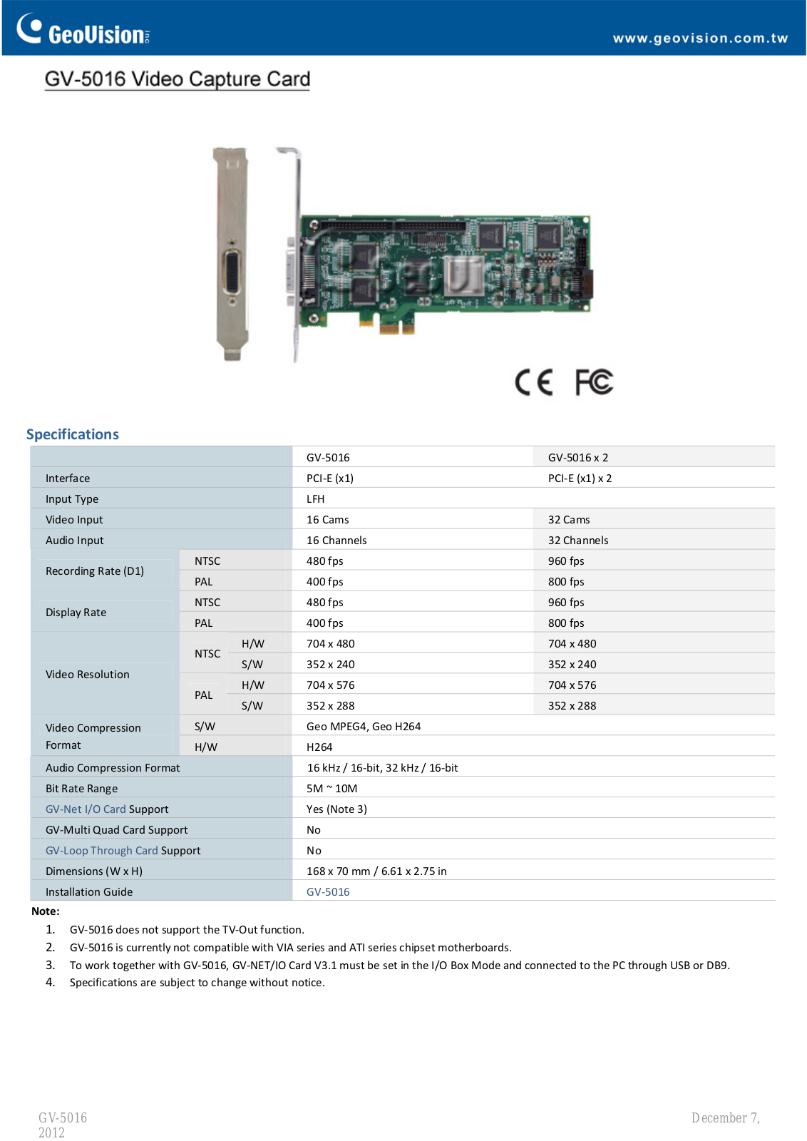 Geovision GV5016-16 Specsheet