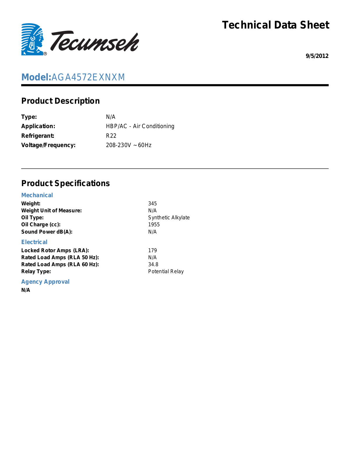 Tecumseh AGA4572EXNXM User Manual