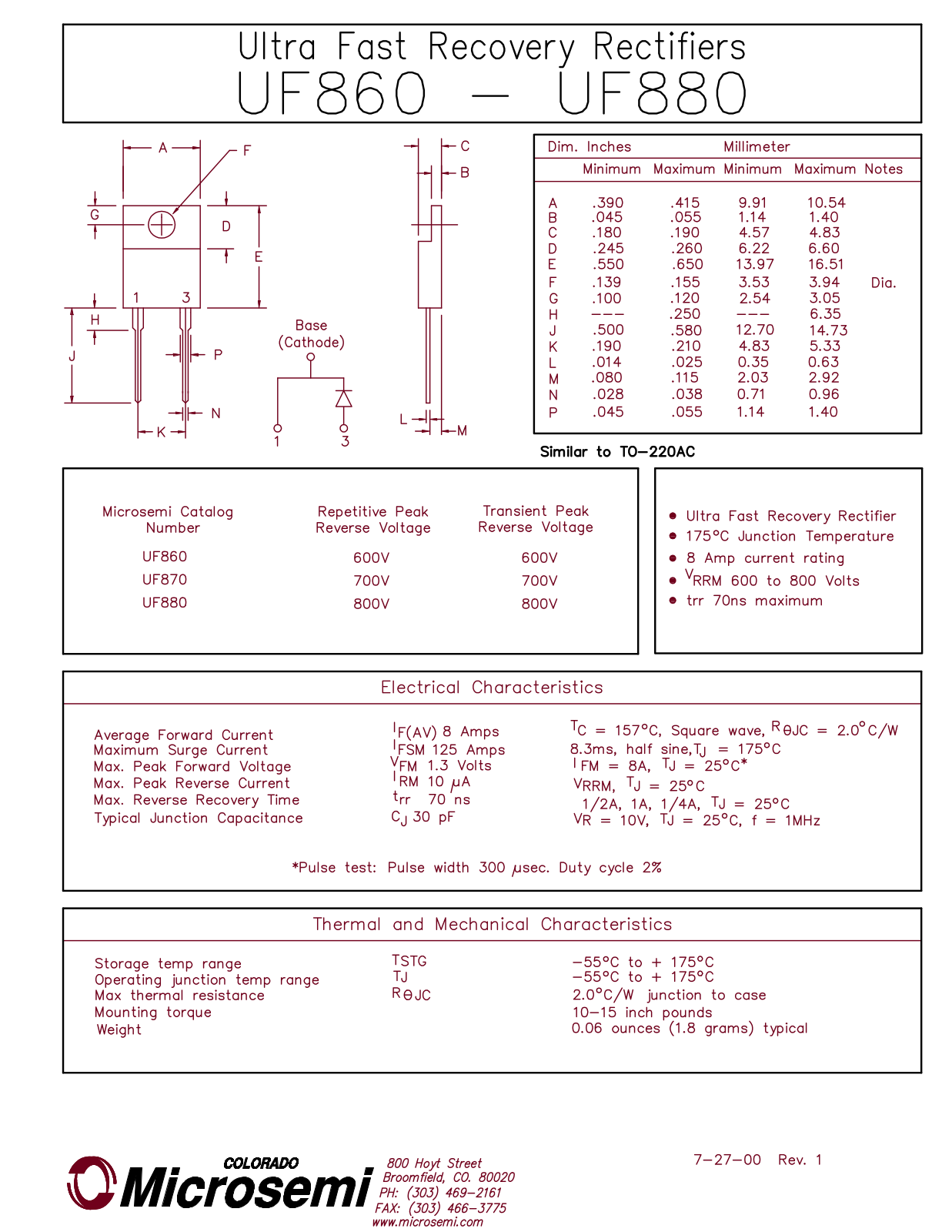 Microsemi UF870, UF880, UF860 Datasheet