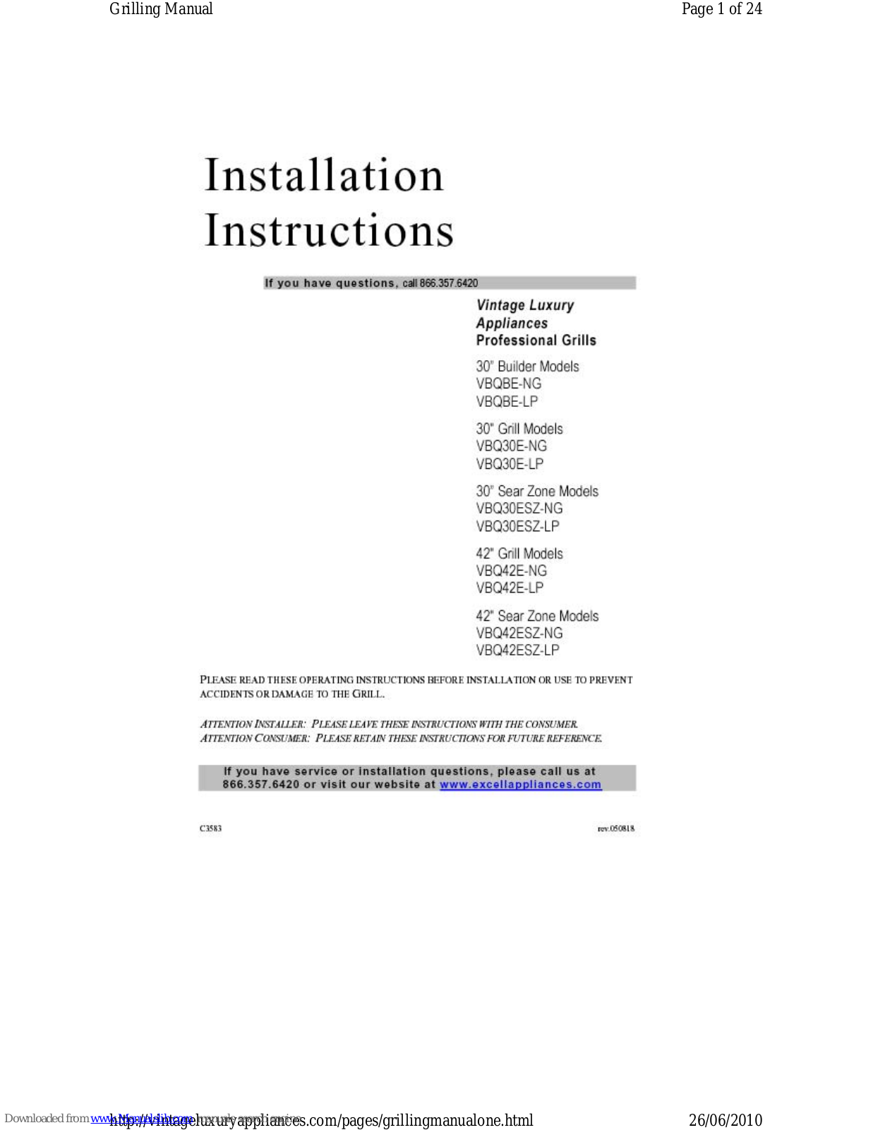 Excell VBQBE-NG, VBQBE-LP, VBQ30E-NG, VBQ30E-LP, VBQ42E-NG Installation Instructions Manual