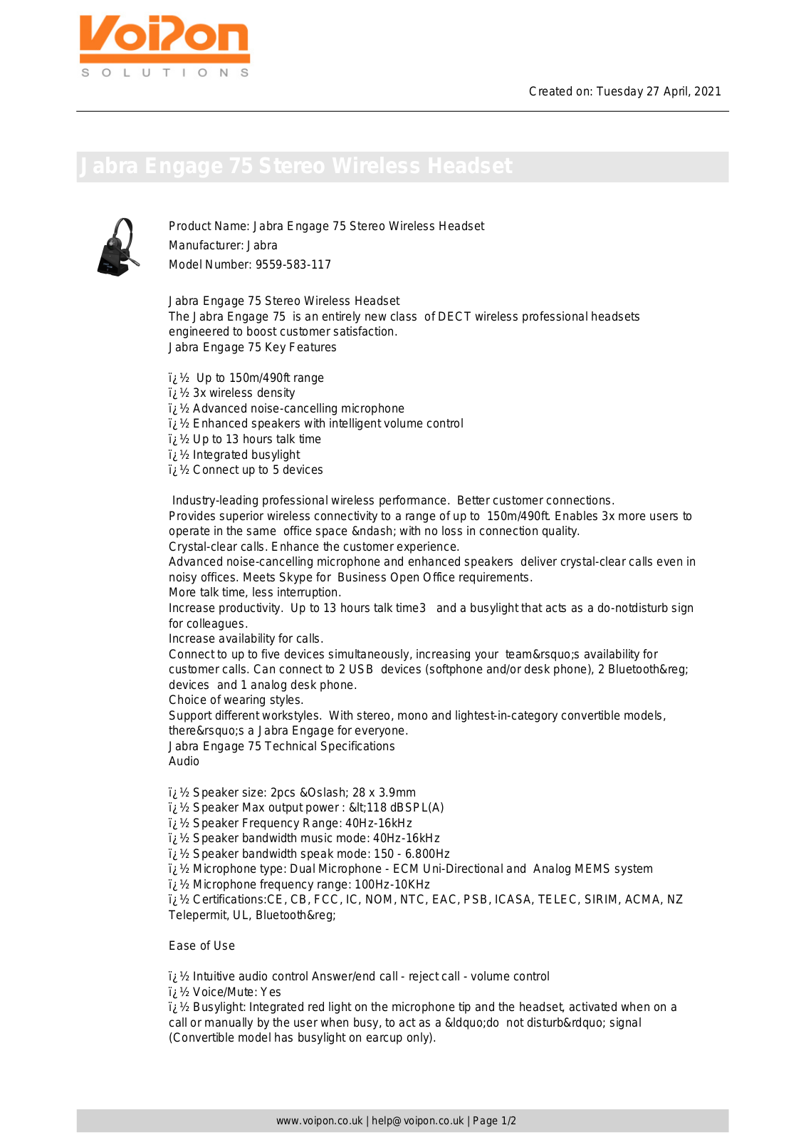 Jabra Engage 75 Datasheet