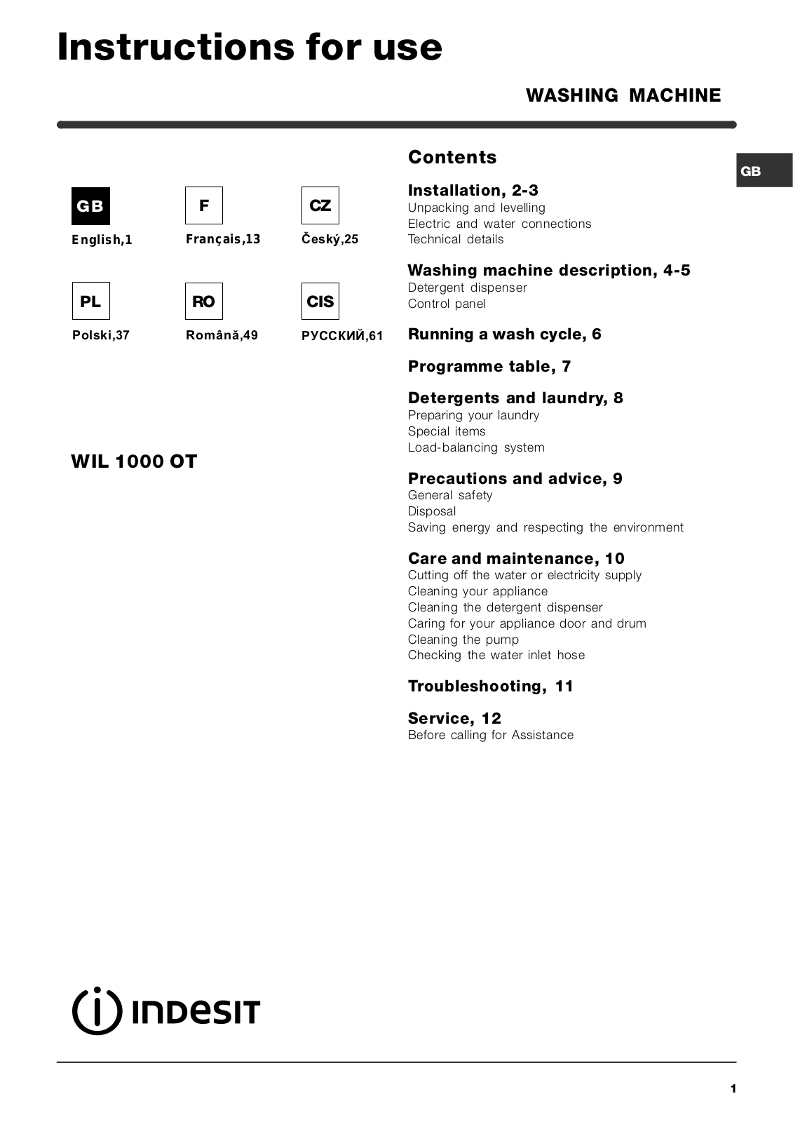 Indesit WIL 1000 OT User Manual