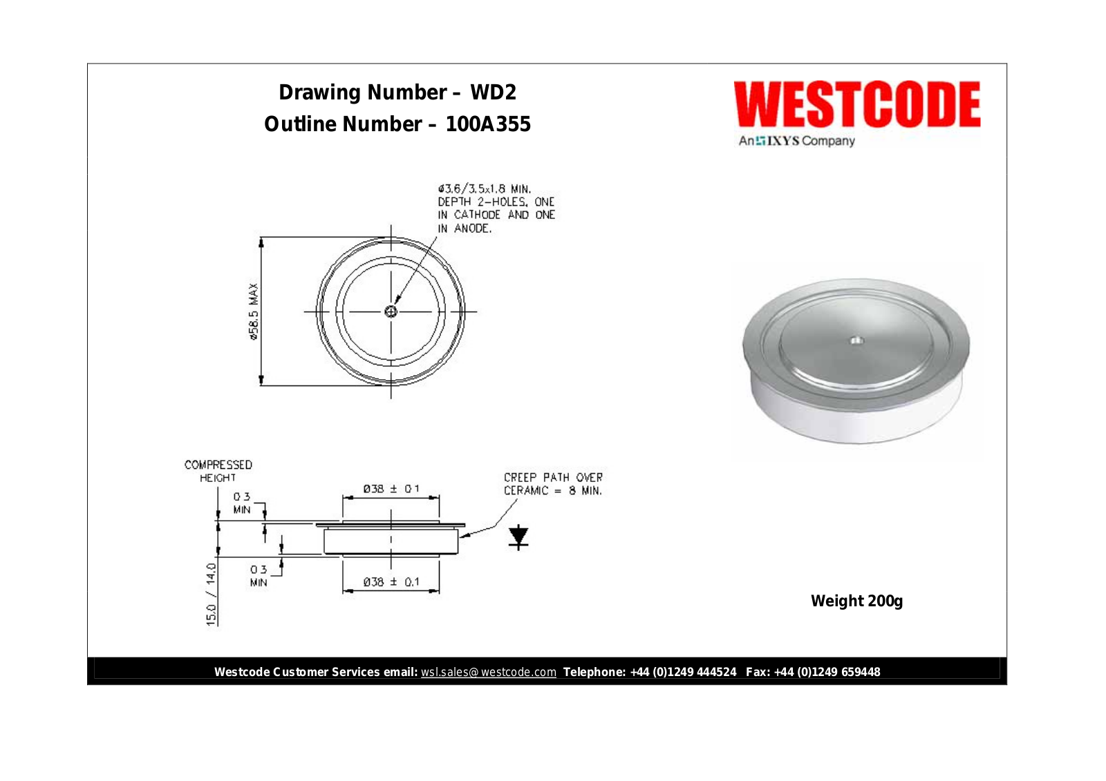 Westcode Semiconductors WD2 100A355 Dimensional Sheet