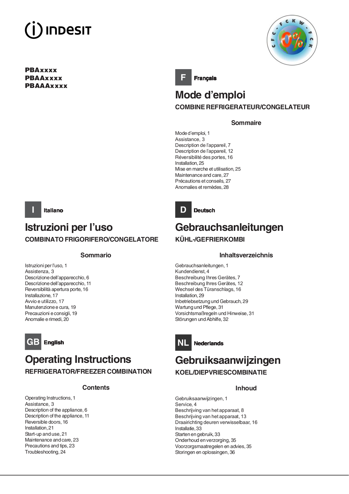 Indesit PBAA33FD User Manual