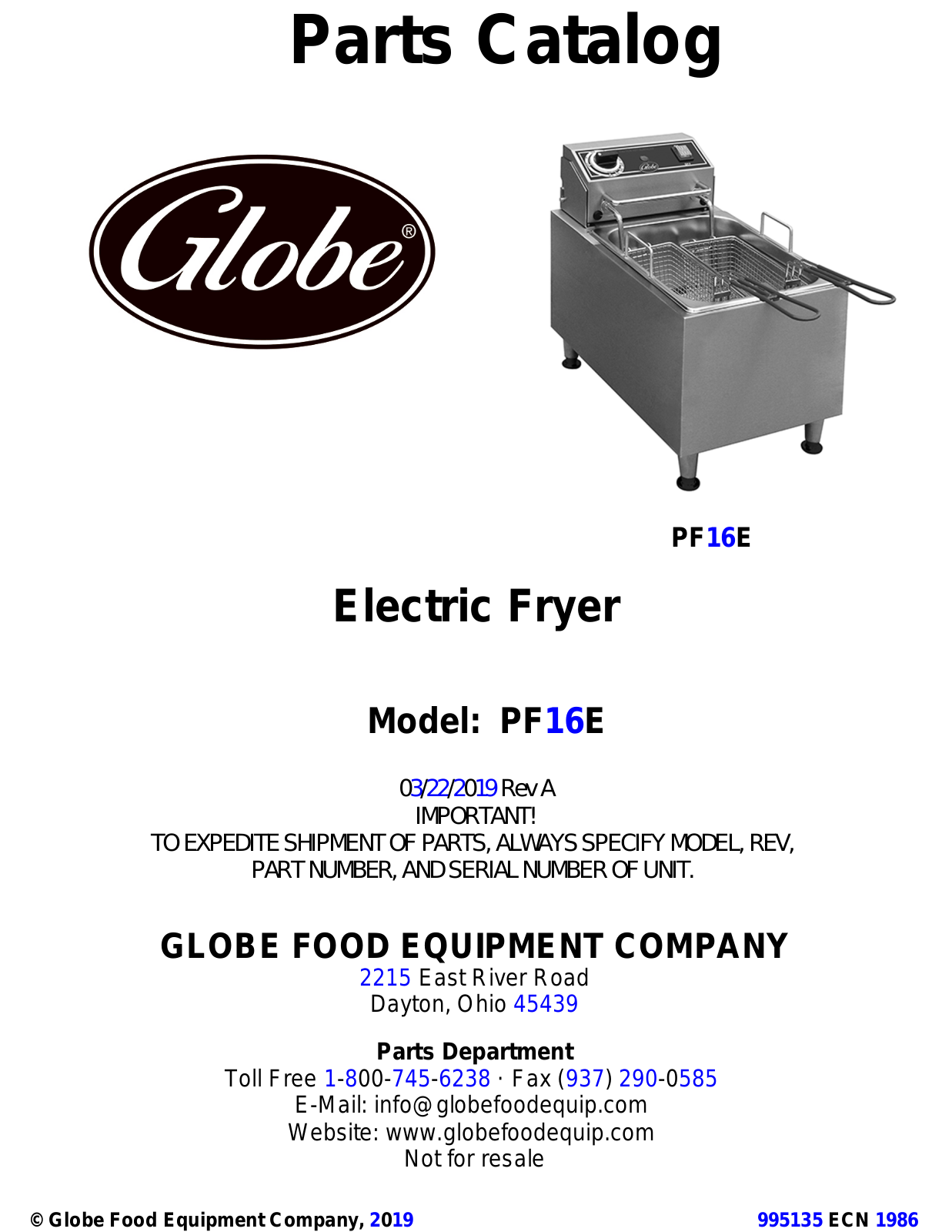 Globe PF16E PARTS LIST