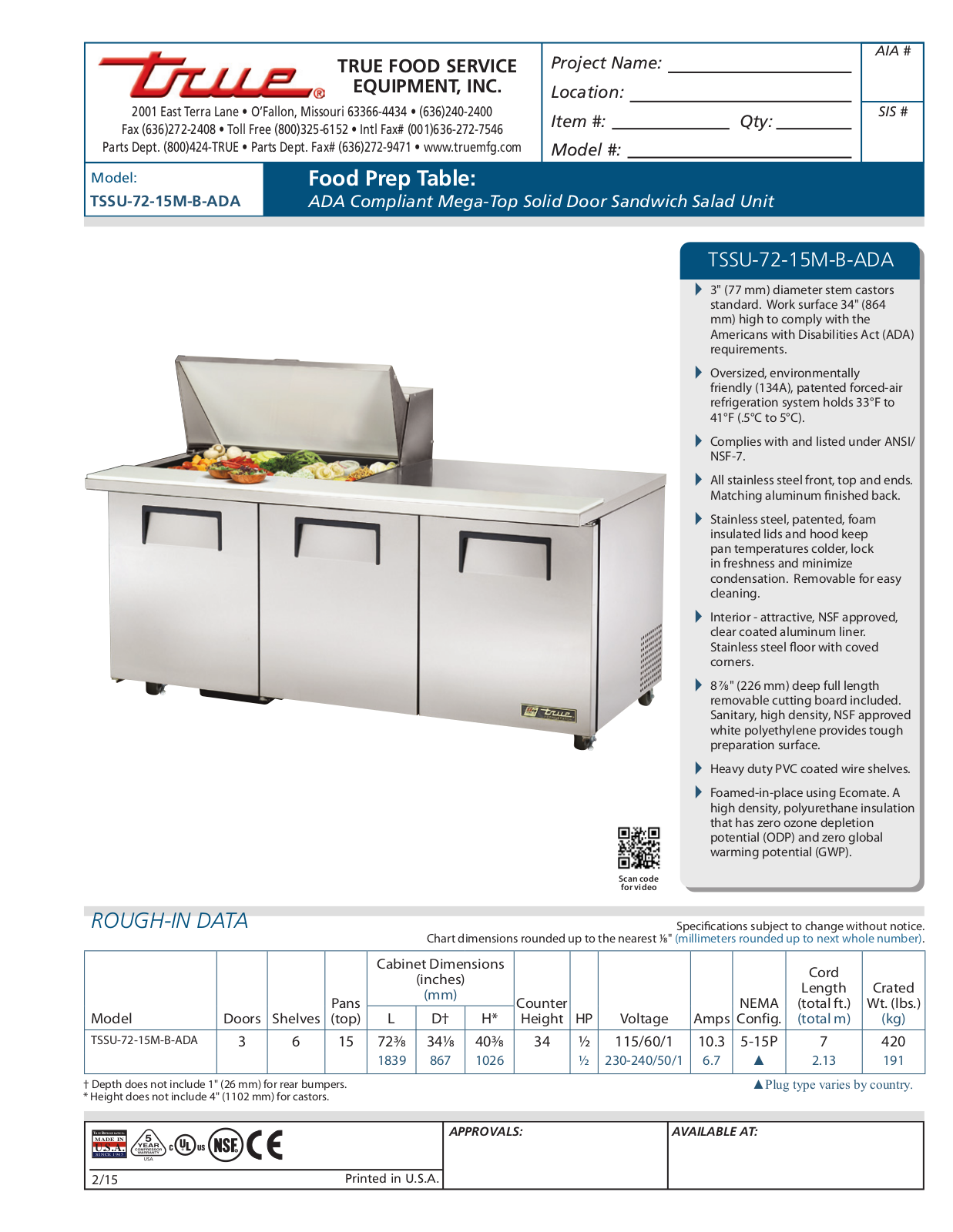 True TSSU-72-15M-B-ADA User Manual