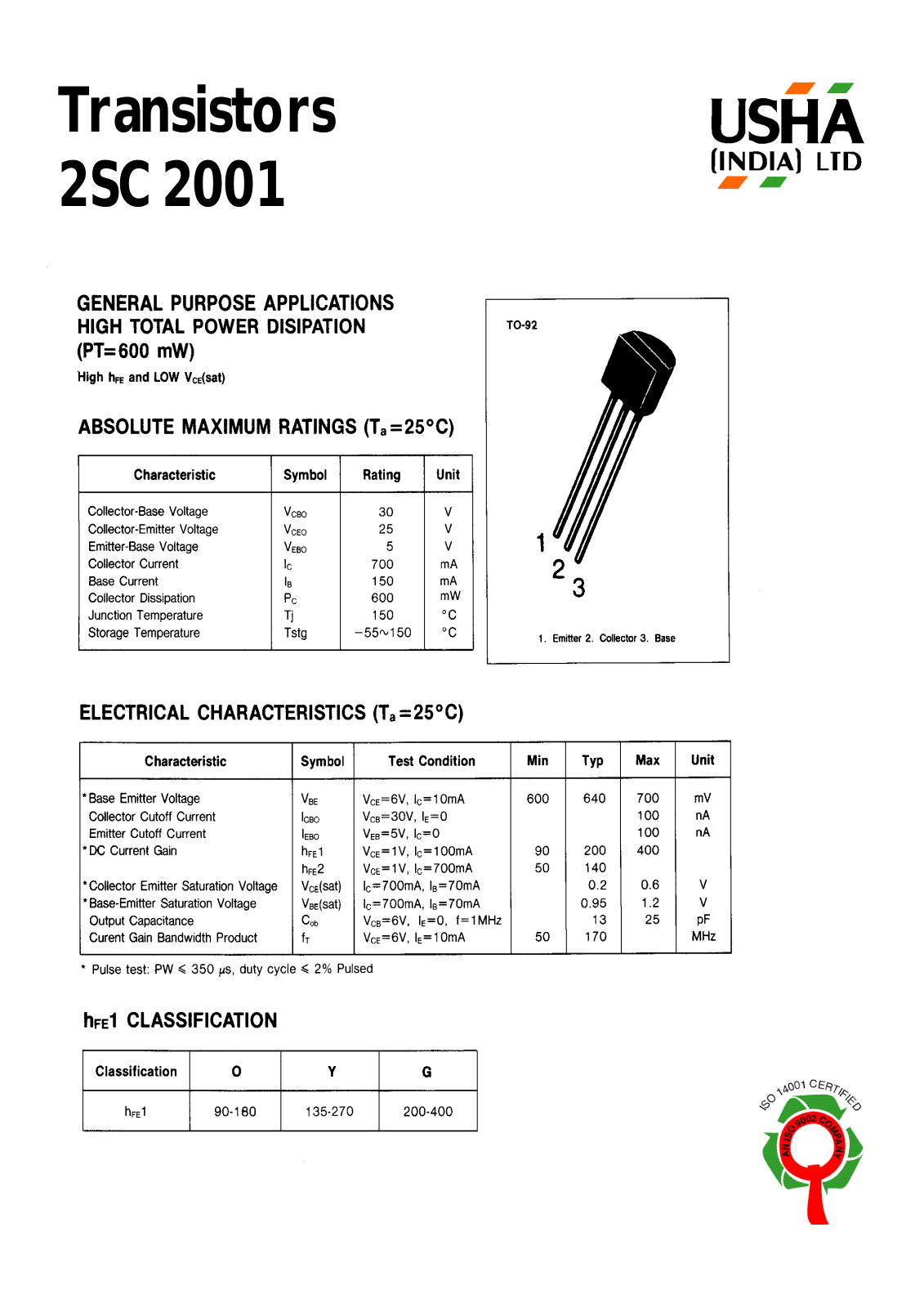 USHA 2SC2001 Datasheet