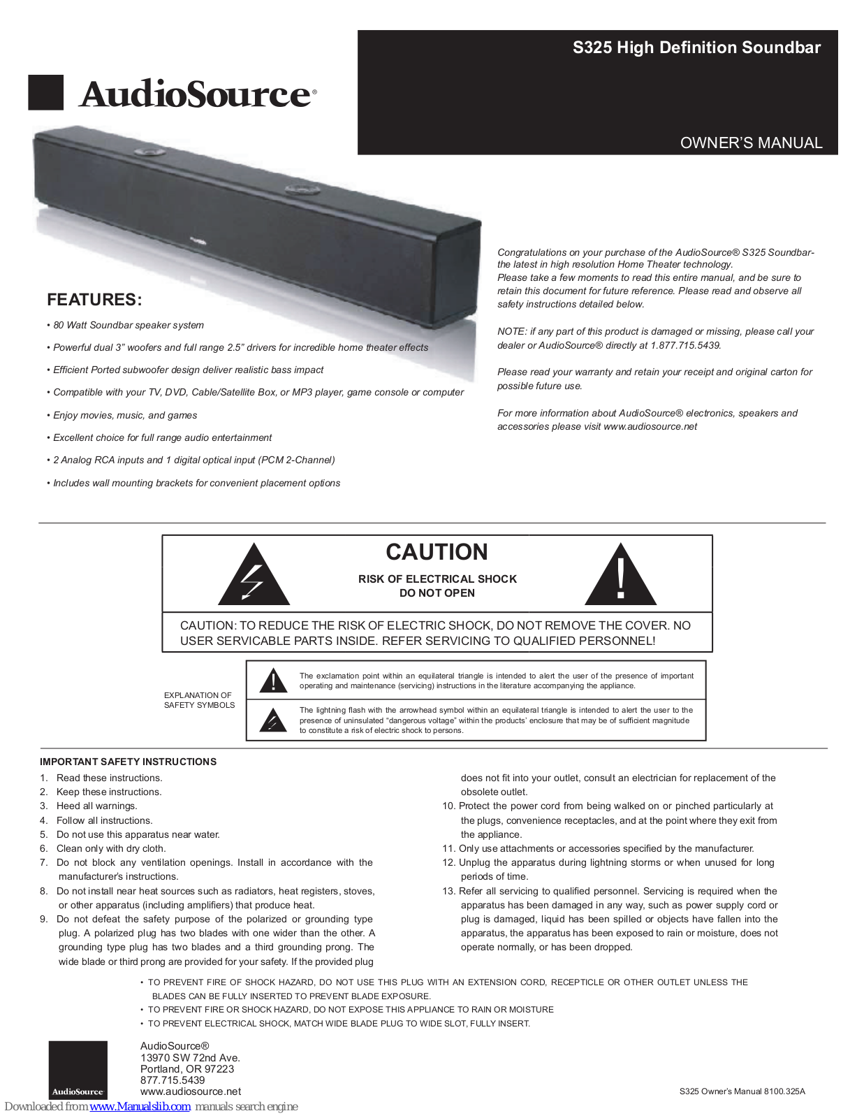 AudioSource S325 Owner's Manual