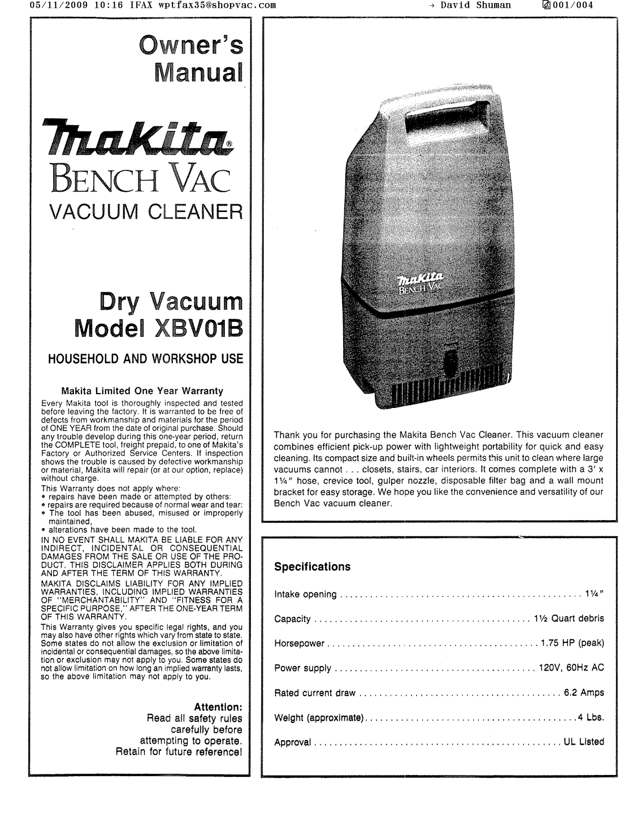 Makita XBV01B User Manual