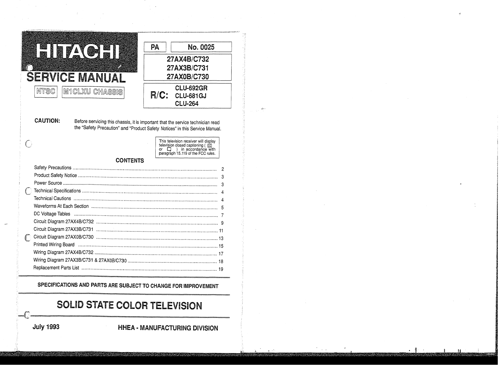 Hitachi 27AX4B, 27AX3B, 27AX0B Schematic