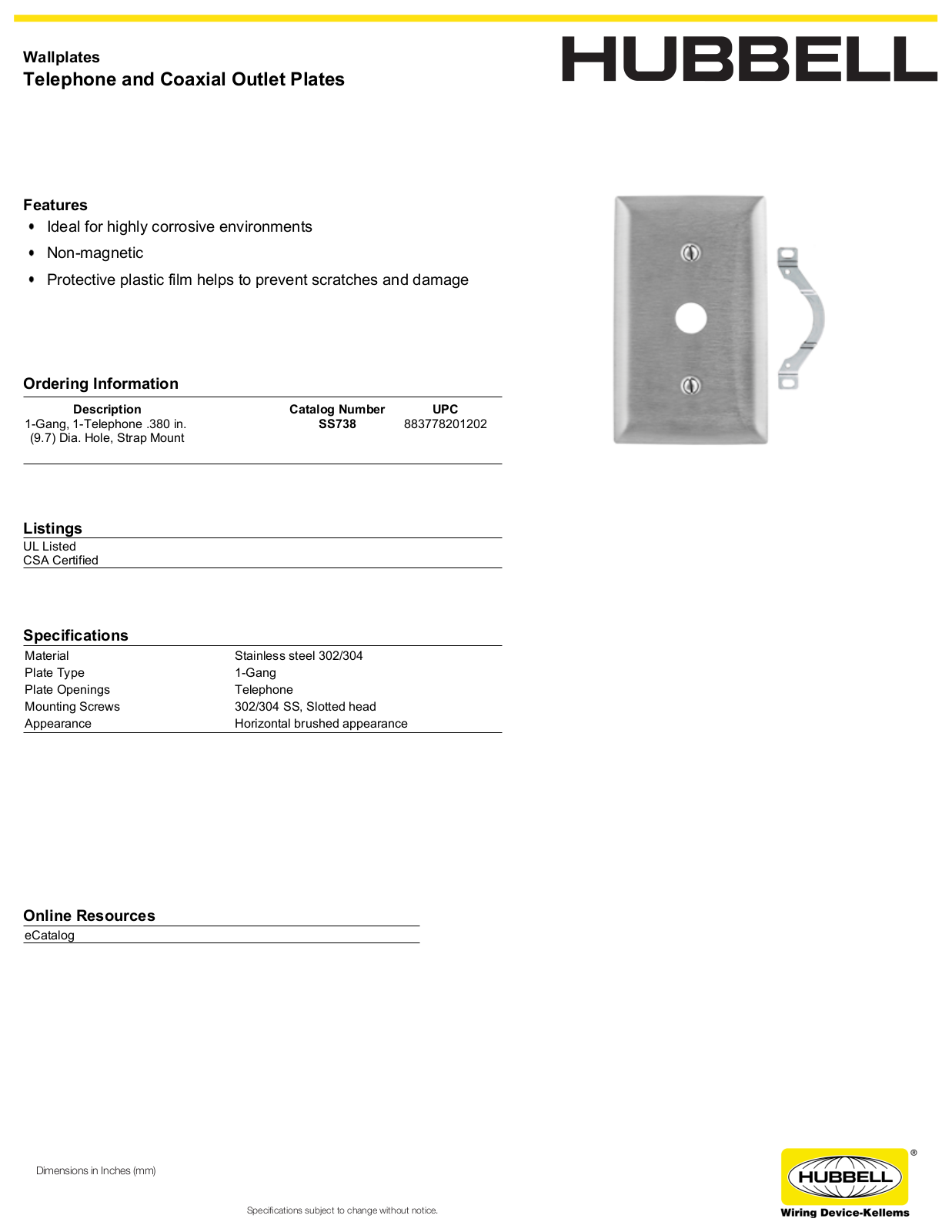 Hubbell SS738 Specifications