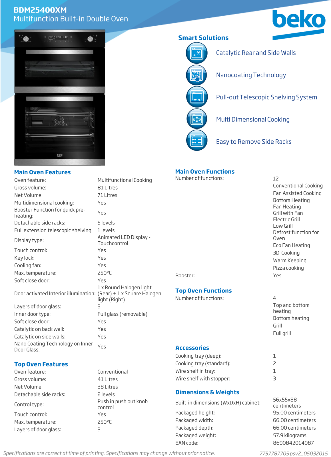 Beko BDM25400XM Specifications Sheet