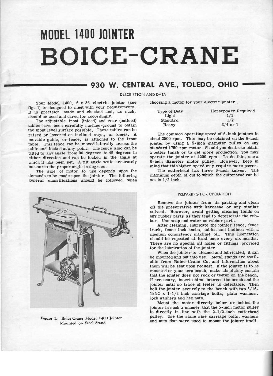 Boice-Crane Model 1400 Jointer Jointers - ManualMachine.com