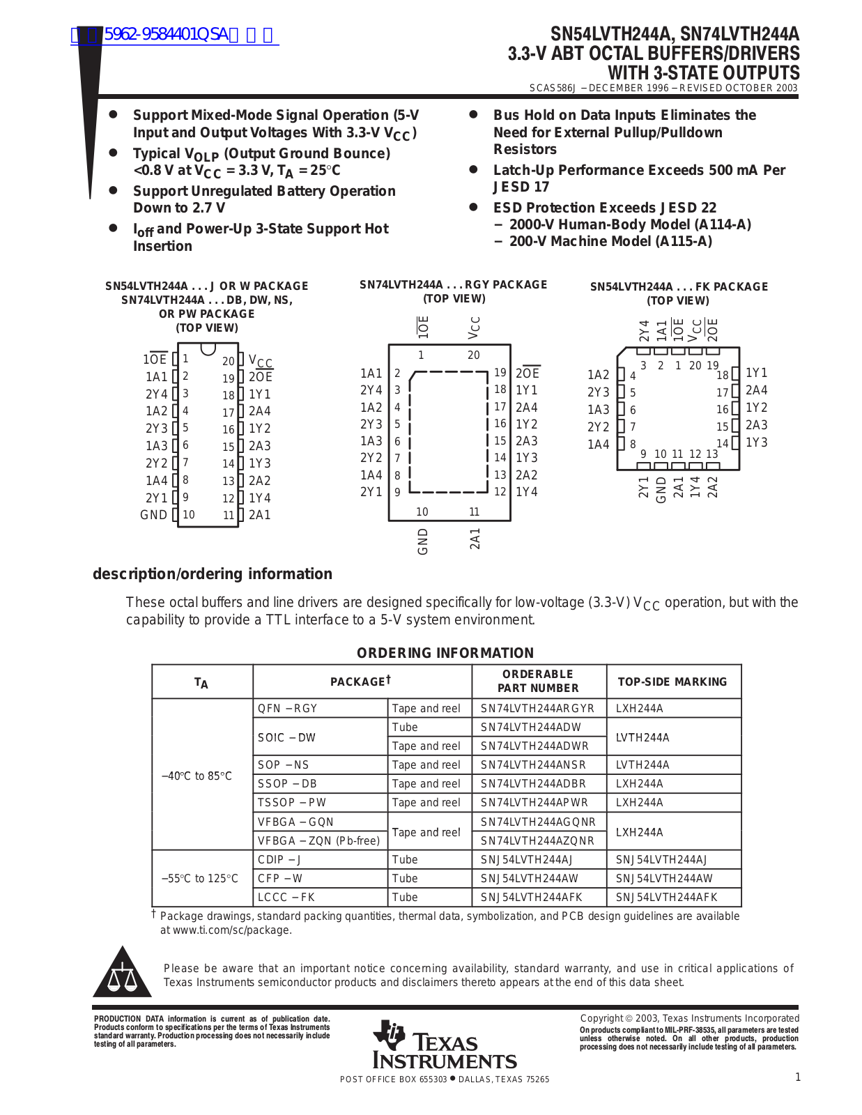 TEXAS INSTRUMENTS SN54LVTH244A Technical data