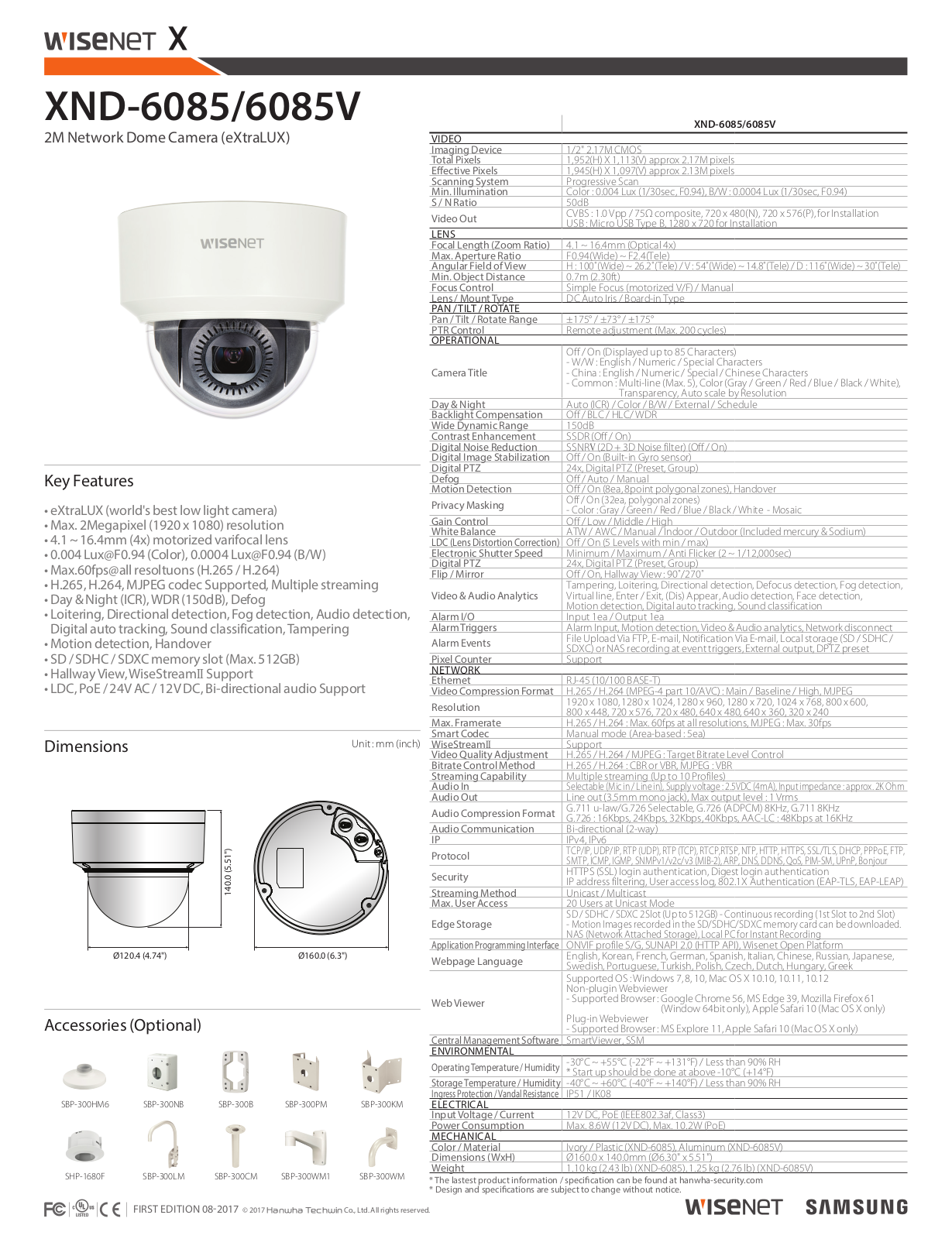 Hanwha Techwin XND-6085V Technical data