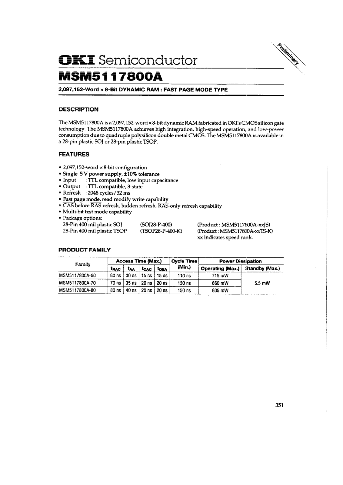 OKI MSM5117800A-80JS, MSM5117800A-70JS, MSM5117800A-60JS, MSM5117800A-80TS-K, MSM5117800A-70TS-K Datasheet