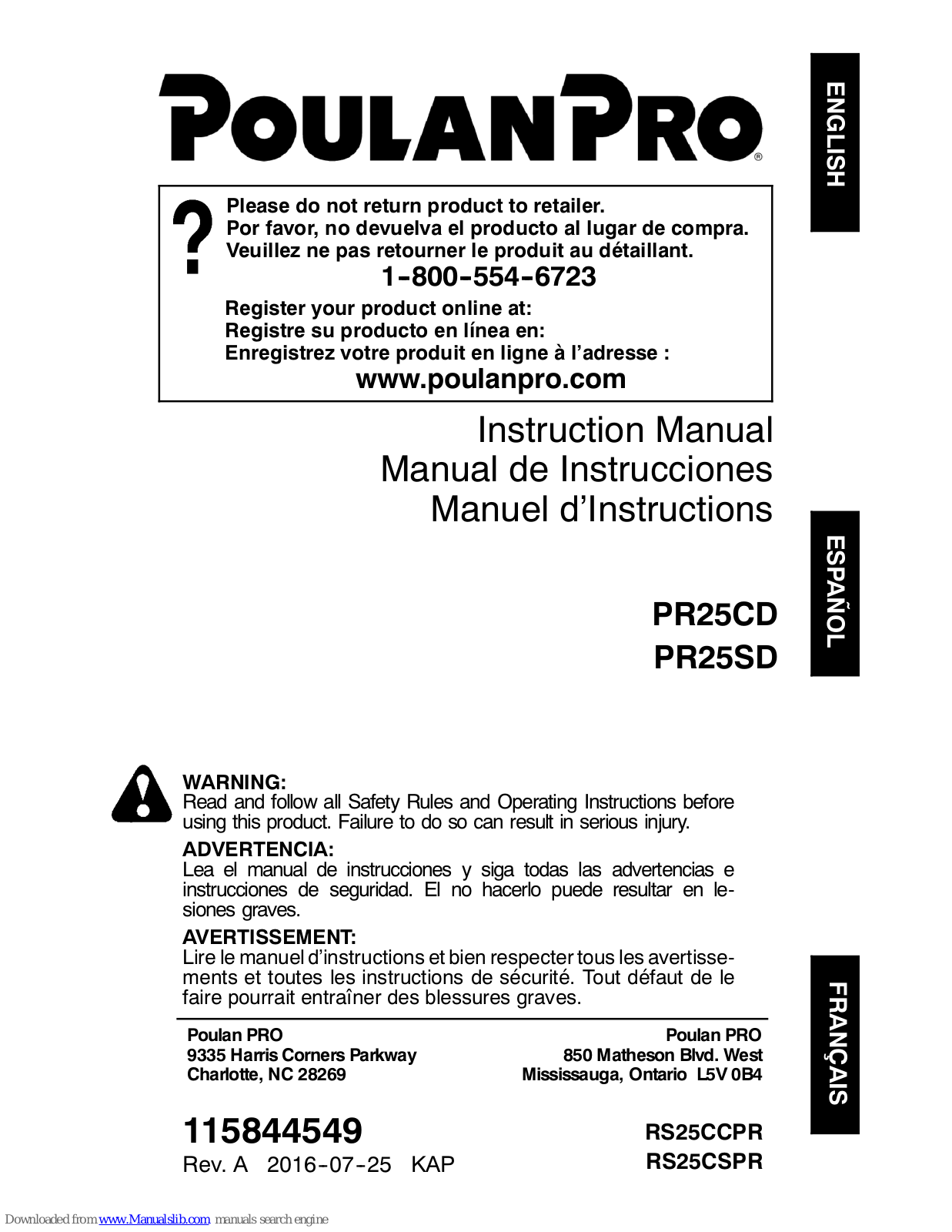 Poulan Pro PR25SD, PR25CD Instruction Manual