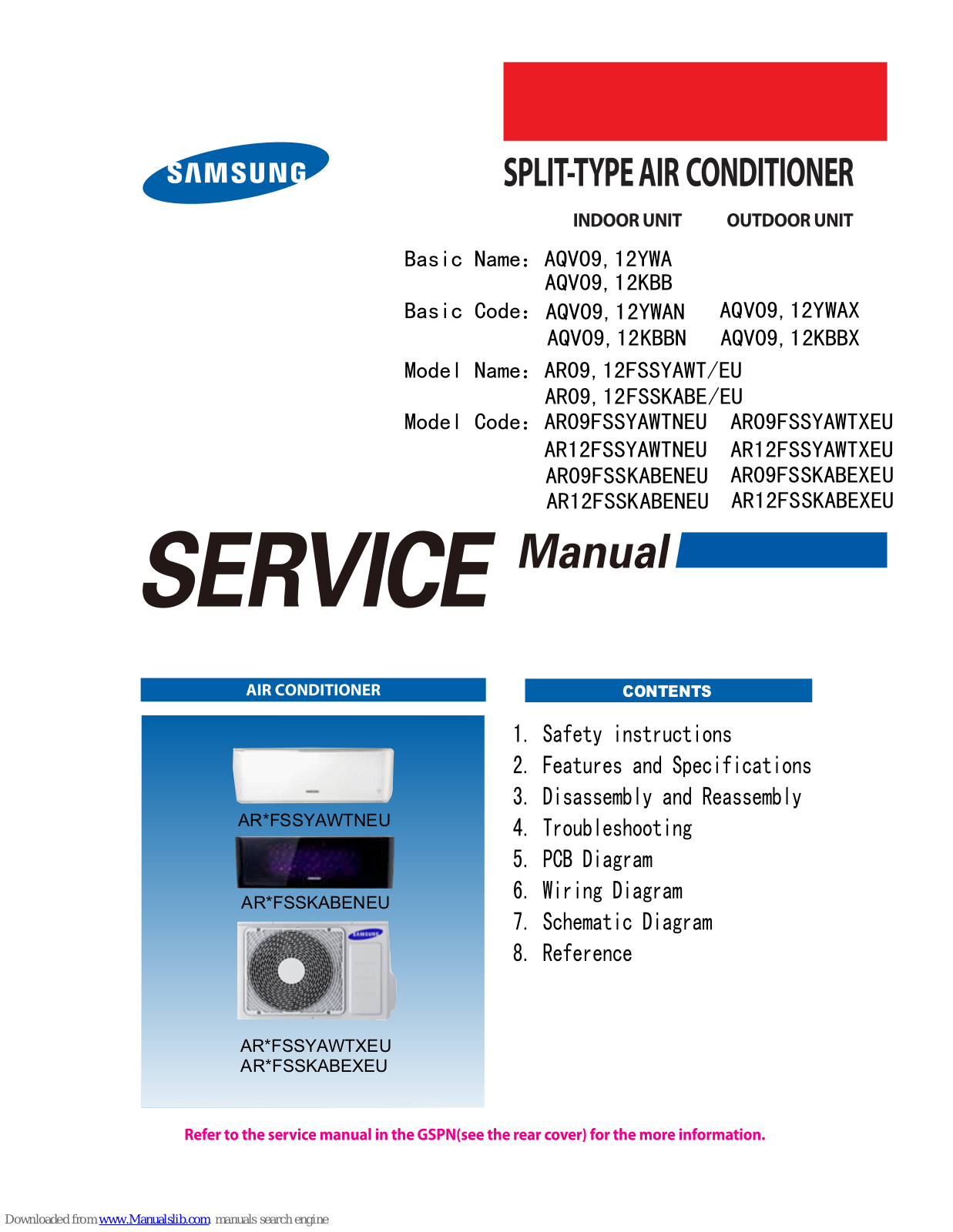 Samsung AR09FSSYAWTNEU, AR09FSSYAWTXEU, AR12FSSYAWTXEU, AR12FSSKABEXEU, AR12FSSKABENEU Service Manual