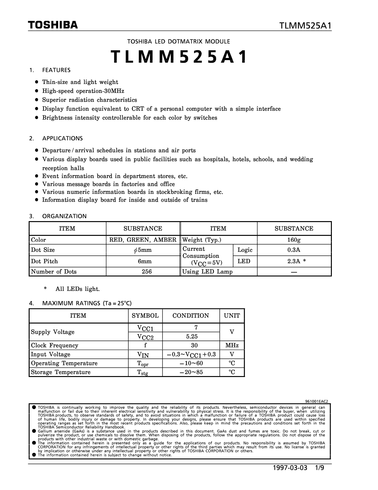 TOSHIBA TLMM525A1 Technical data