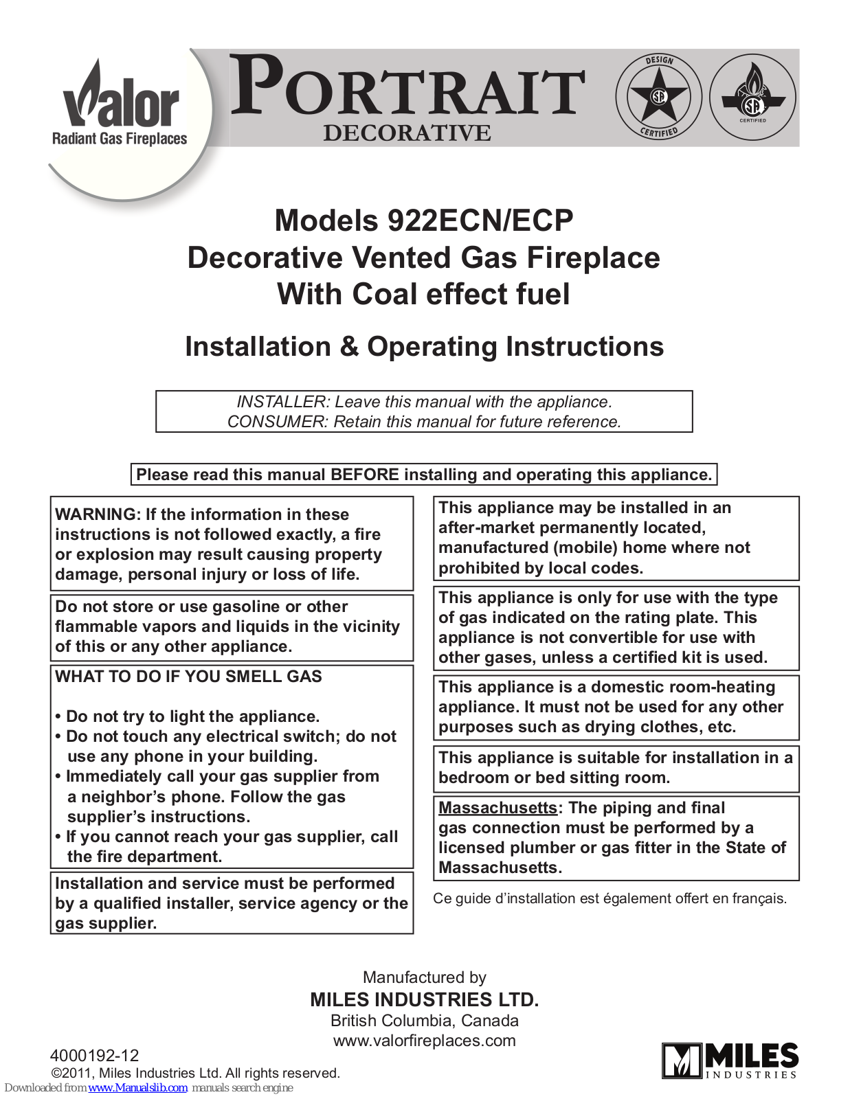 Valor PORTRAIT 922ECN, PORTRAIT 922ECP Installation & Operating Instructions Manual